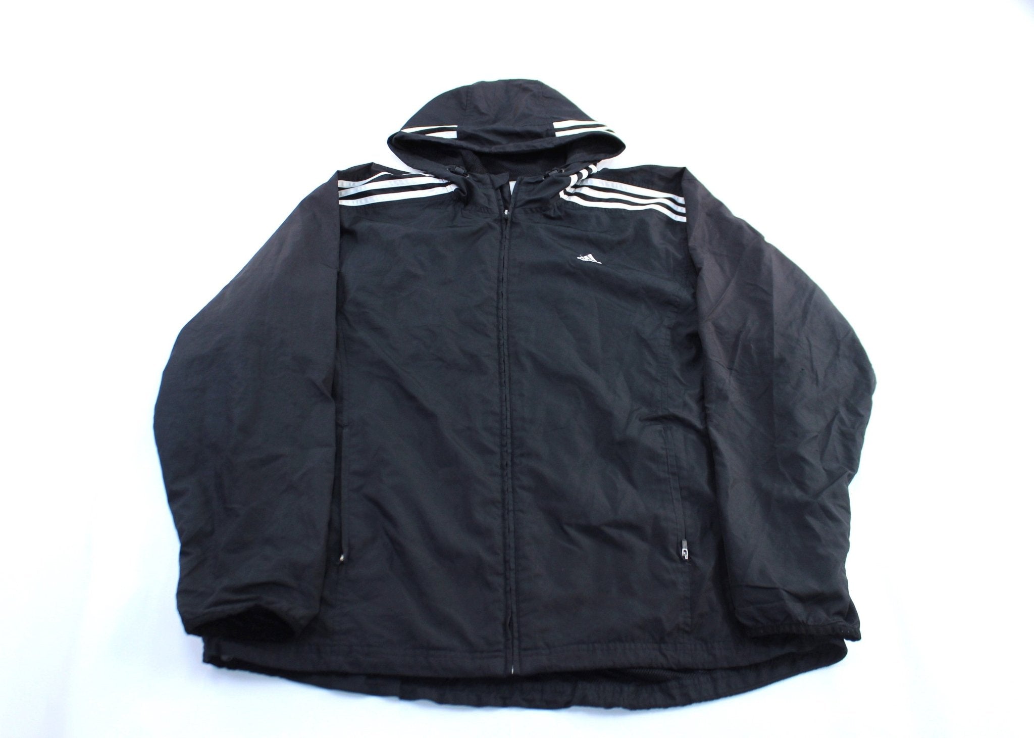 Adidas Embroidered Logo Black & White Striped Zip Up Jacket - ThriftedThreads.com