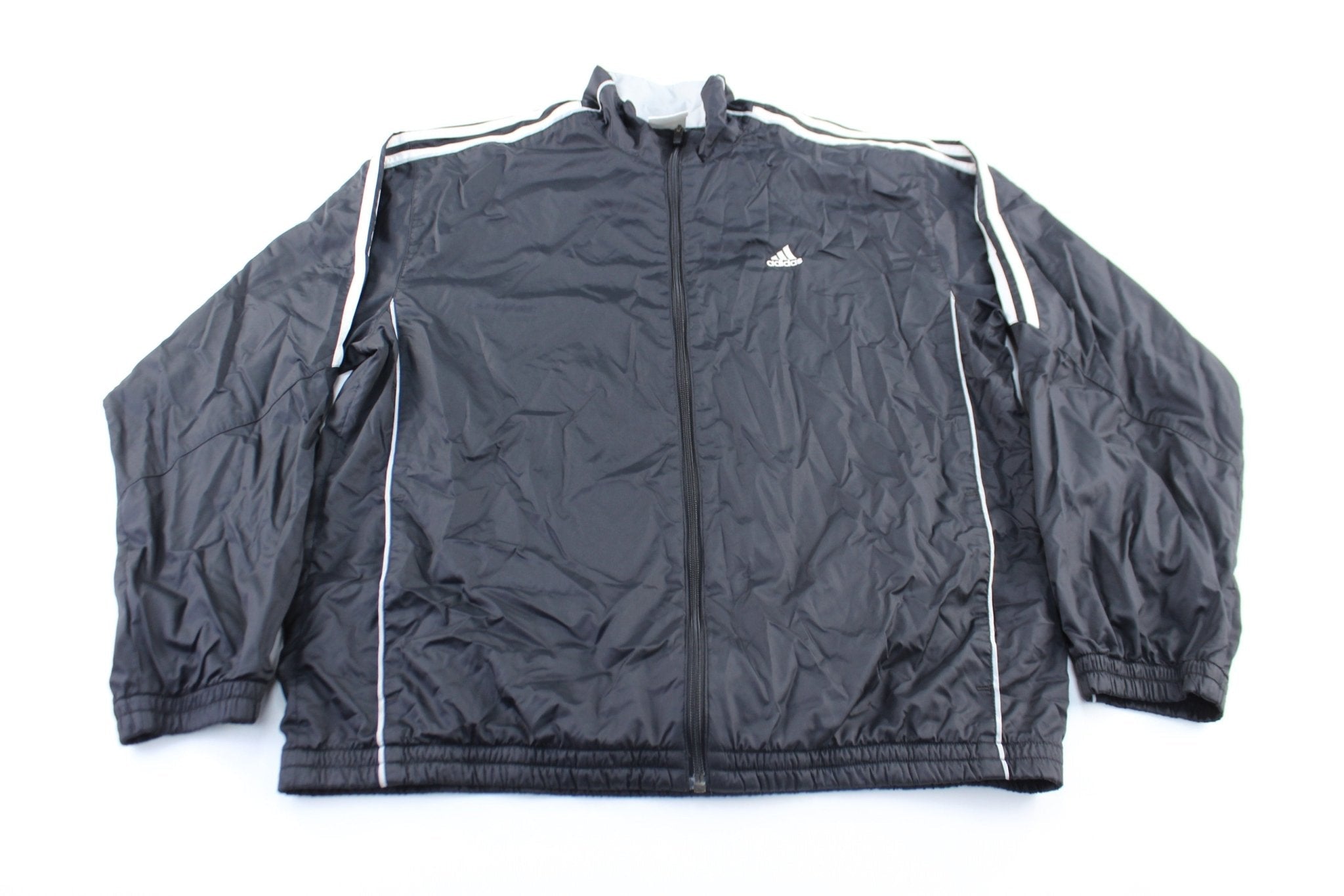 Adidas Embroidered Logo Black & White Striped Zip Up Jacket - Jacket - Thrifted Threads