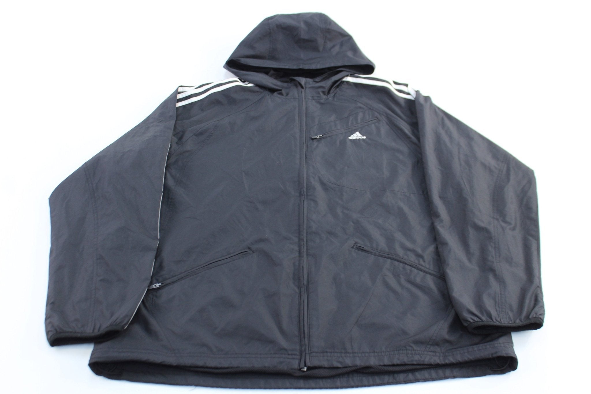 Adidas Embroidered Logo Black & White Striped Zip Up Jacket - Jackets - Thrifted Threads