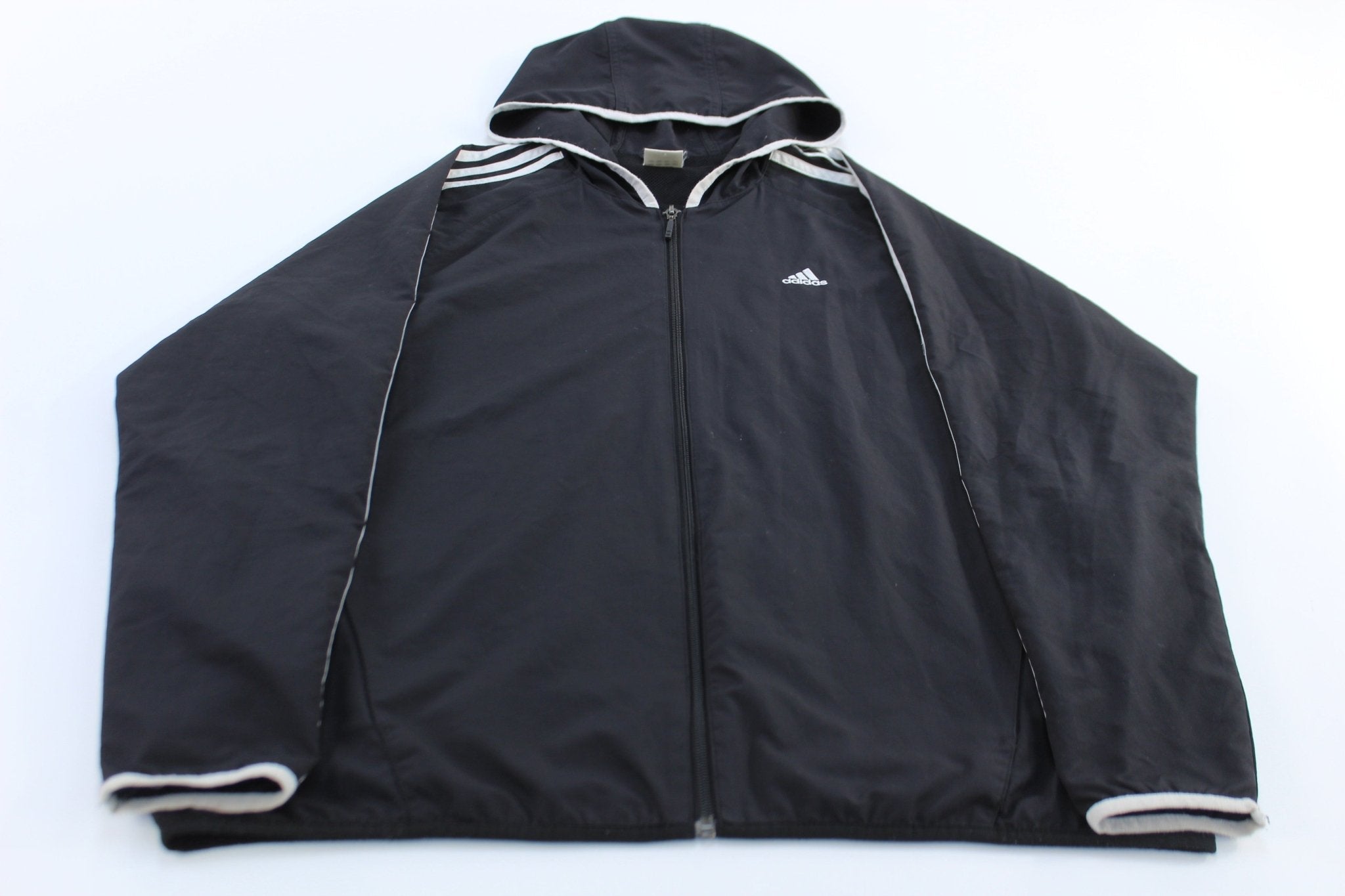 Adidas Embroidered Logo Black & White Striped Zip Up Jacket - Jackets - Thrifted Threads