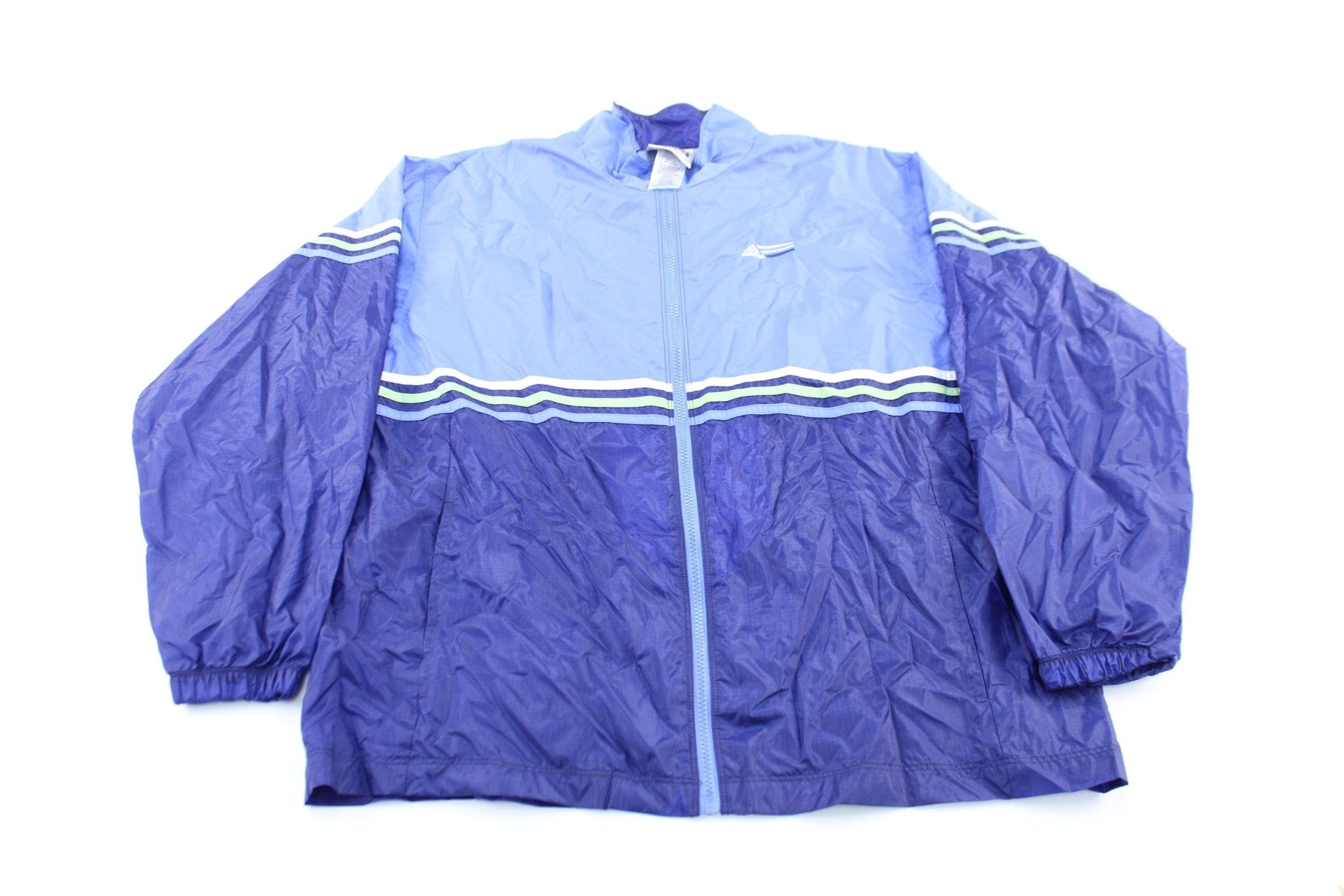 Adidas Embroidered Logo Blue, Green, & White Striped Zip Up Jacket - Jackets - Thrifted Threads