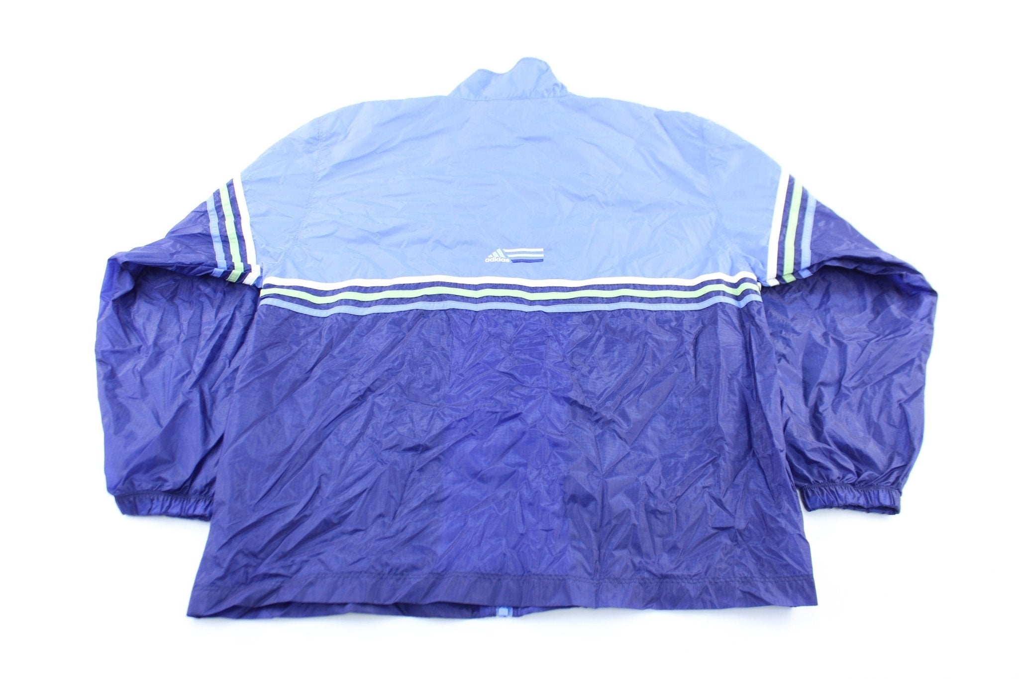 Adidas Embroidered Logo Blue, Green, & White Striped Zip Up Jacket - Jackets - Thrifted Threads