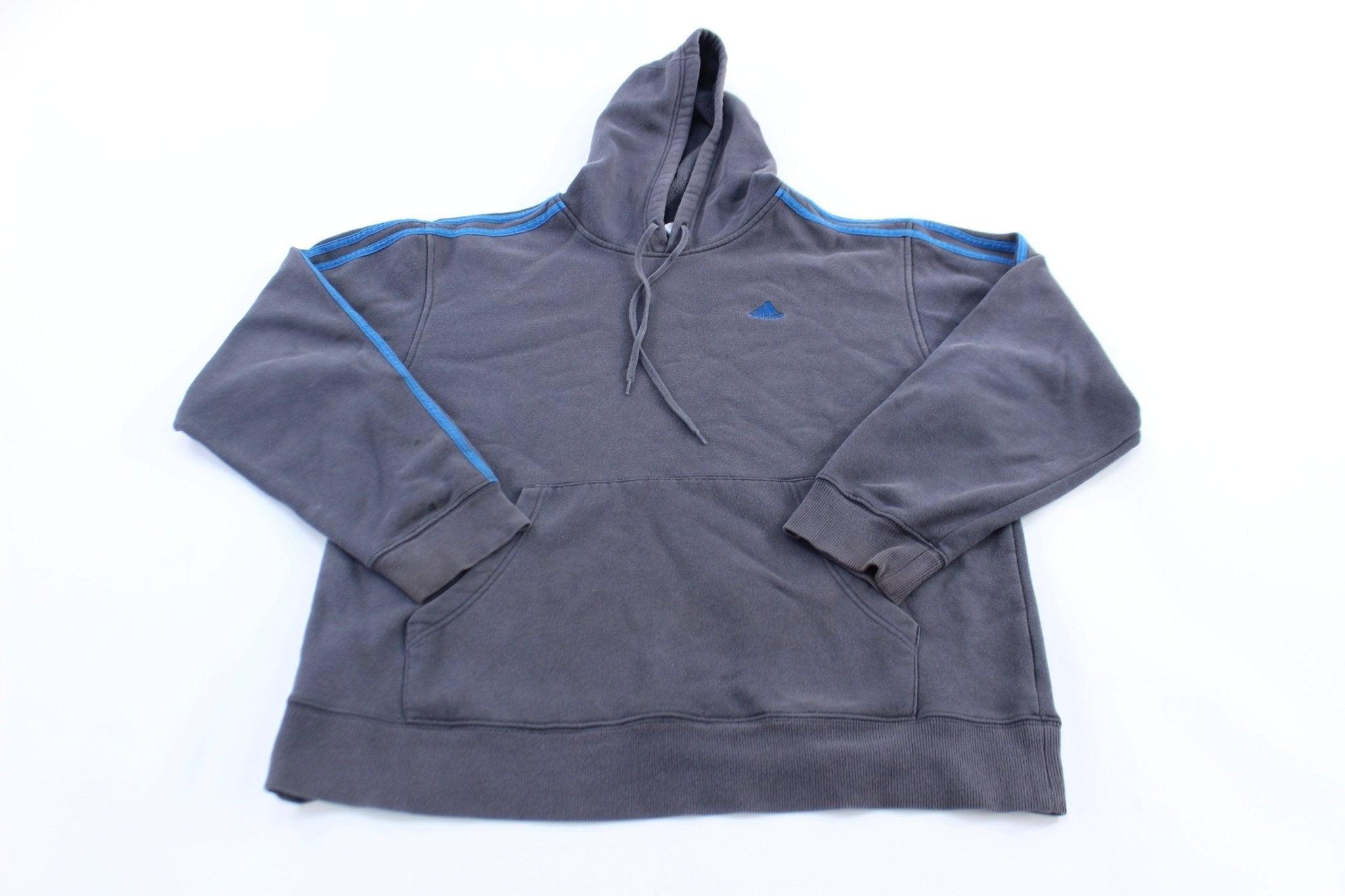 Adidas Embroidered Logo Blue & Grey Striped Pullover Hoodie - Jacket - Thrifted Threads
