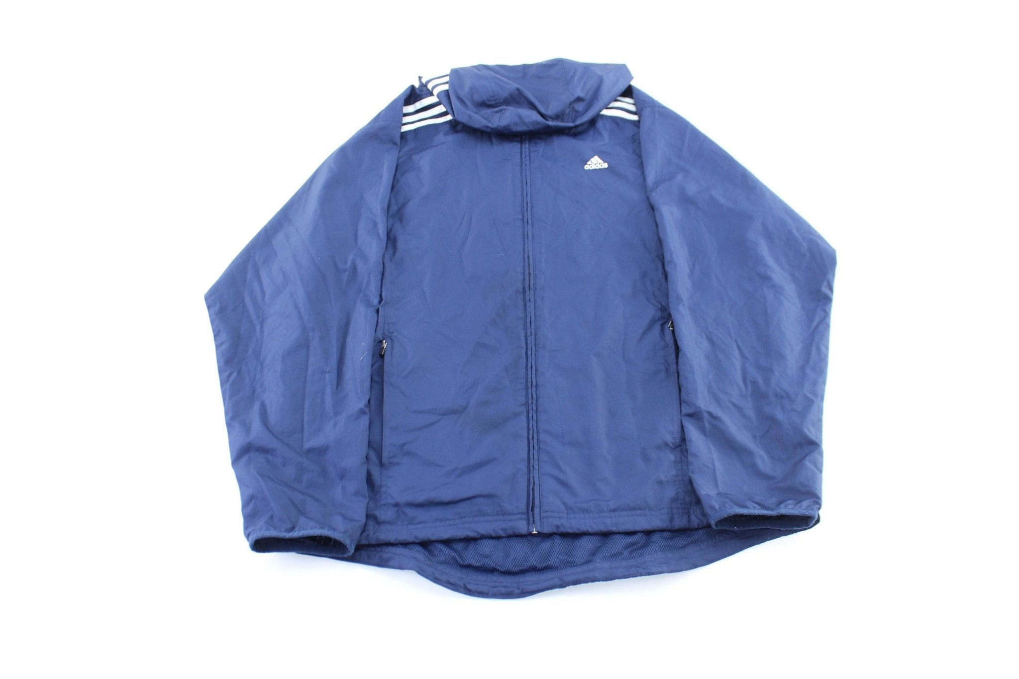 Adidas Embroidered Logo Blue & White Striped Hooded Jacket - Jacket - Thrifted Threads