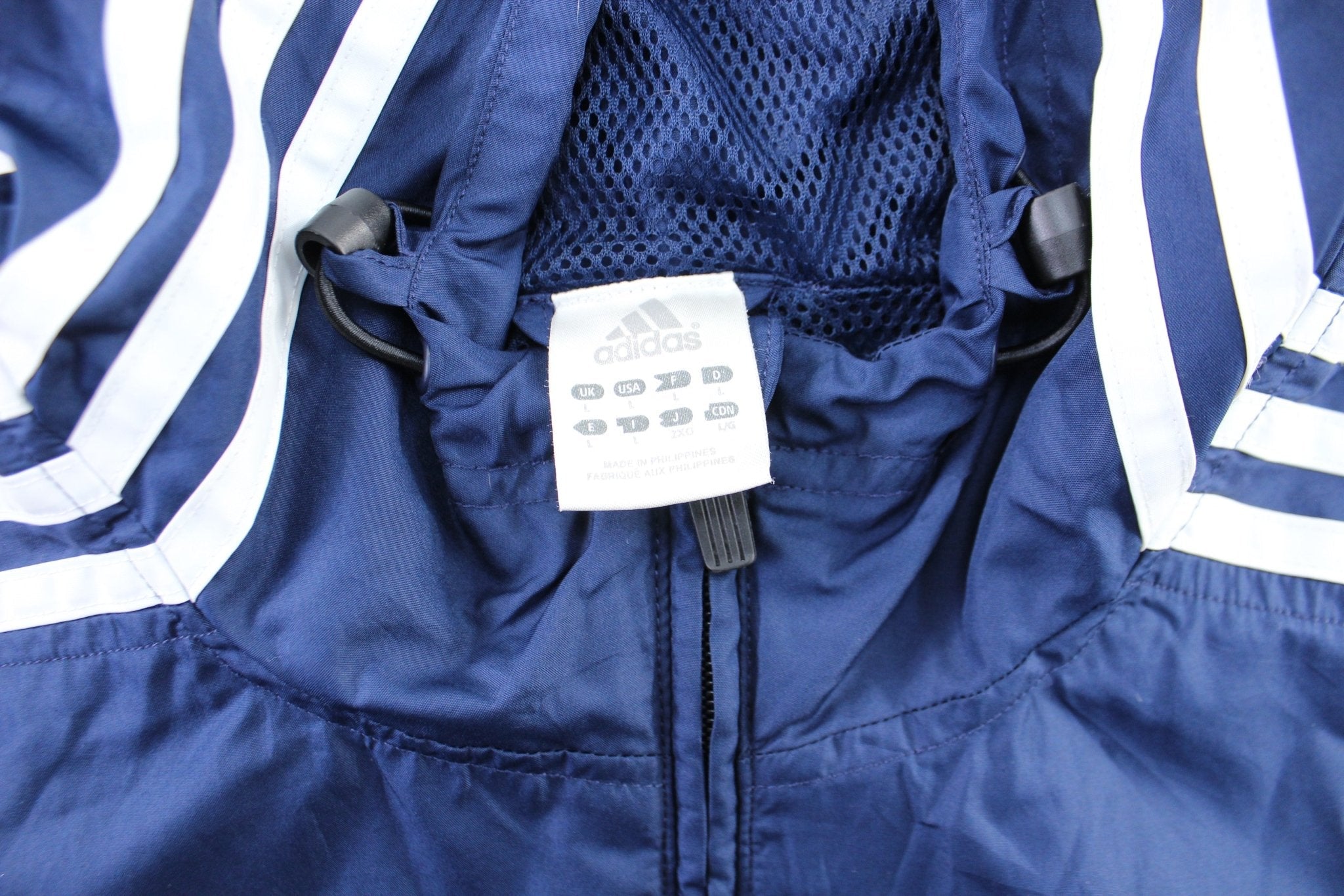 Adidas Embroidered Logo Blue & White Striped Hooded Jacket - Jacket - Thrifted Threads