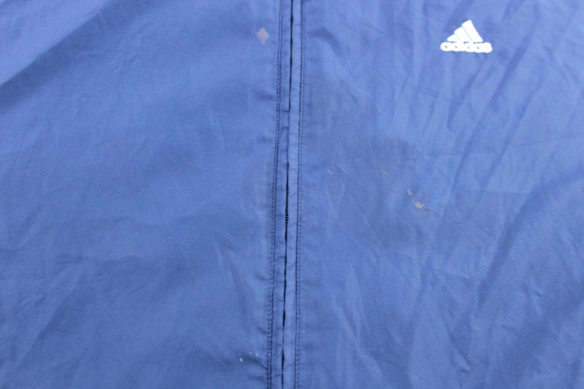 Adidas Embroidered Logo Blue & White Striped Zip Up Jacket - ThriftedThreads.com
