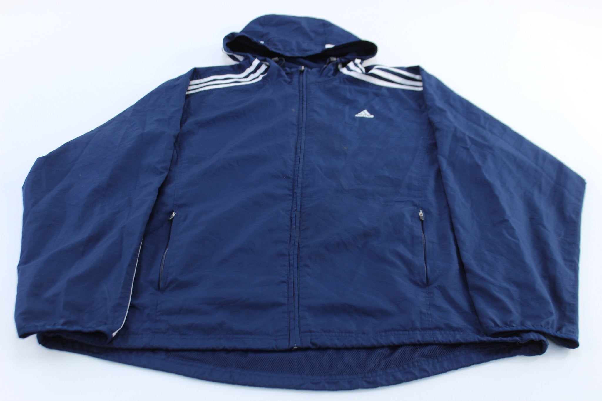 Adidas Embroidered Logo Blue & White Striped Zip Up Jacket - ThriftedThreads.com