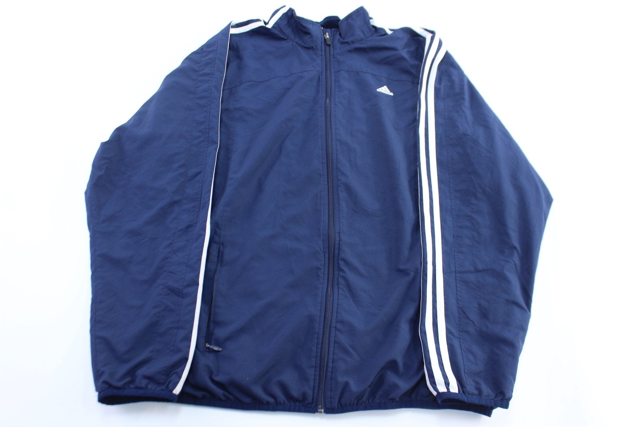 Adidas Embroidered Logo Blue & White Striped Zip Up Jacket - Jacket - Thrifted Threads