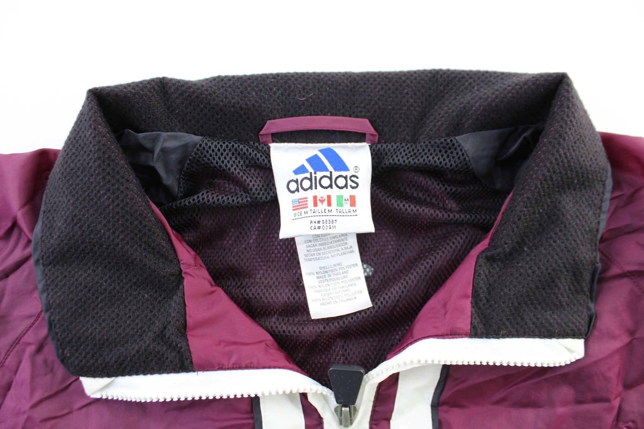 Adidas Embroidered Logo Burgundy, Black, & White Striped Zip Up Jacket - ThriftedThreads.com