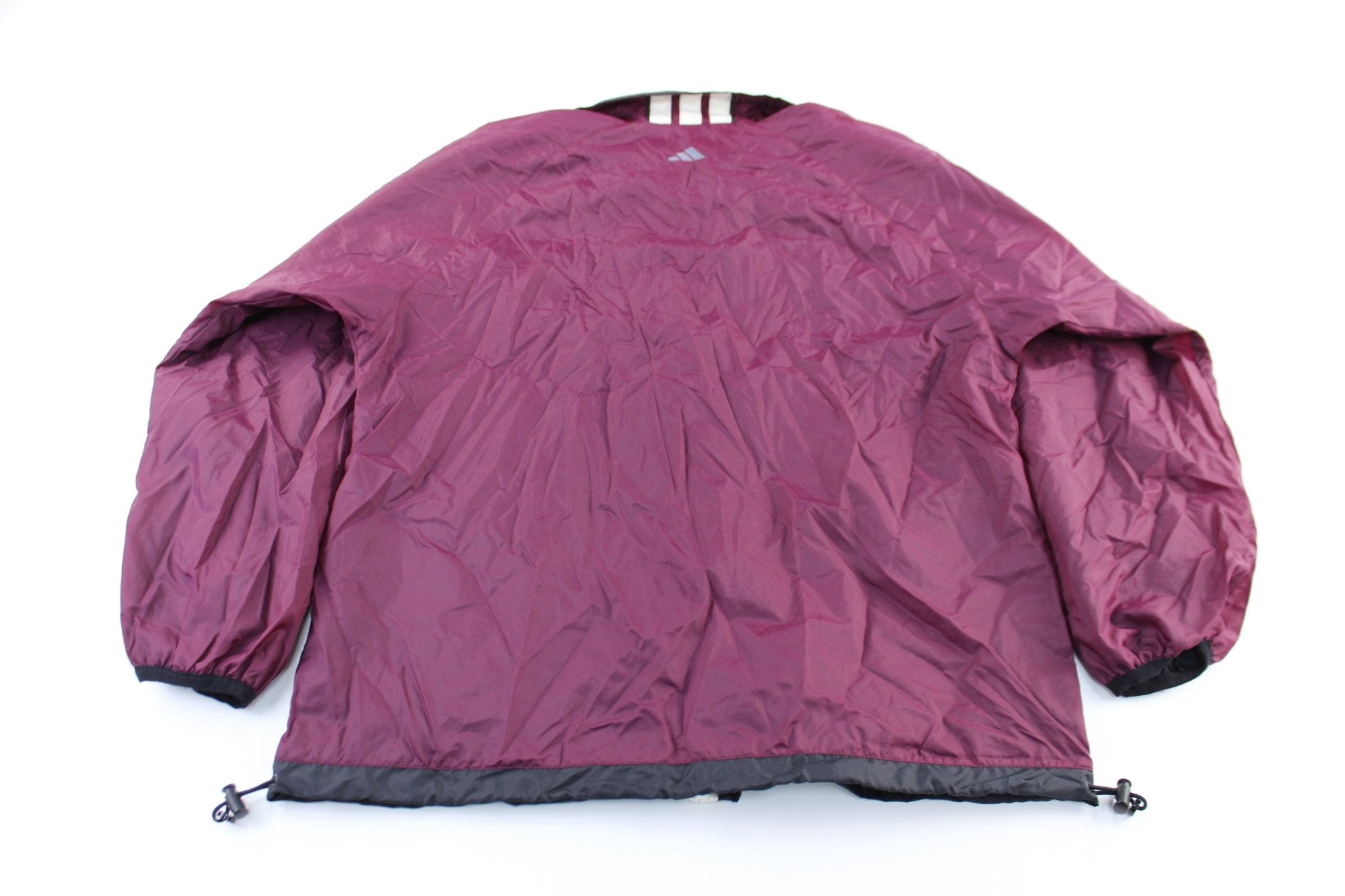 Adidas Embroidered Logo Burgundy, Black, & White Striped Zip Up Jacket - ThriftedThreads.com