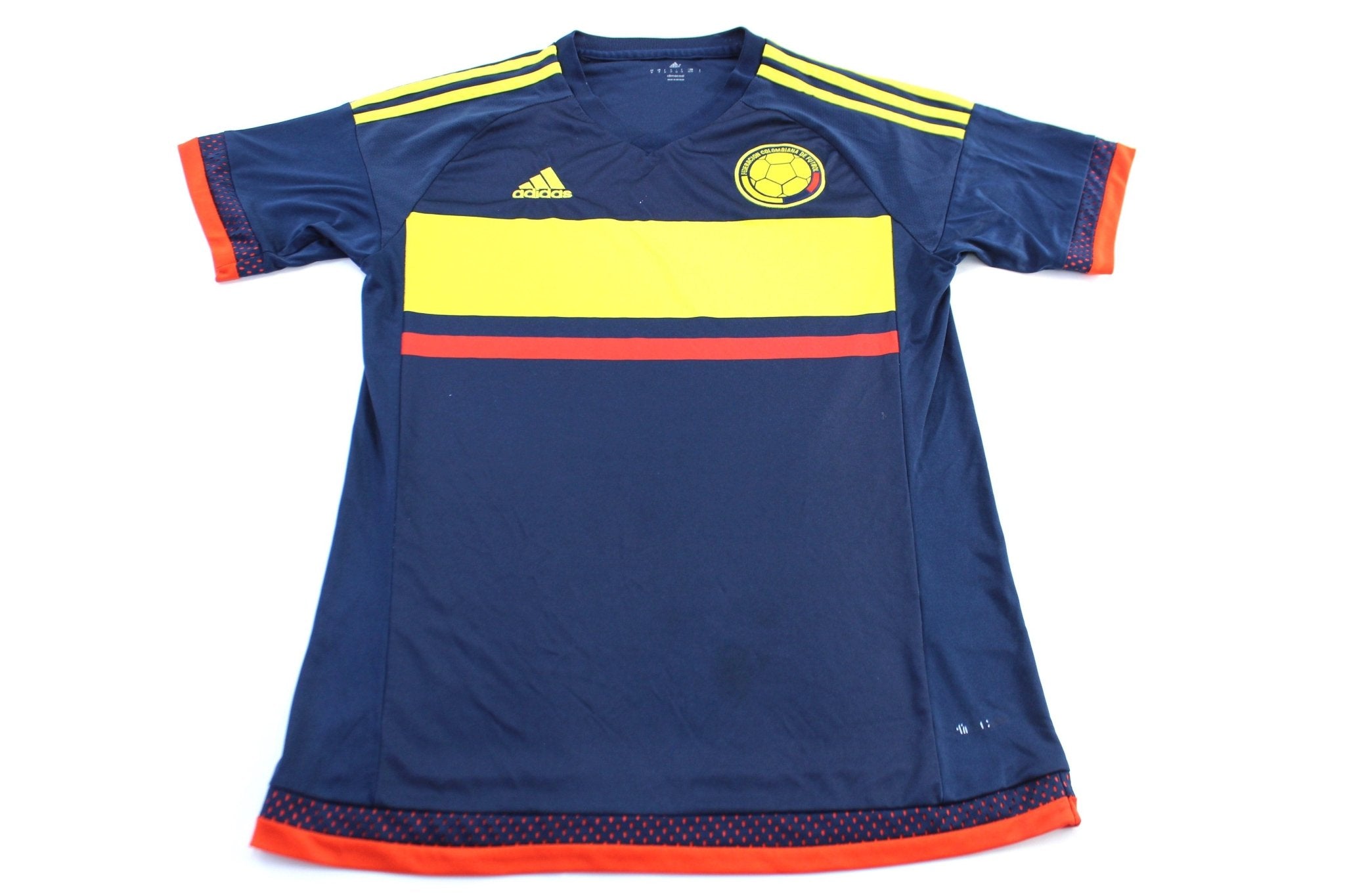 Adidas Embroidered Logo Columbia Blue & Yellow Striped Soccer Jersey - ThriftedThreads.com