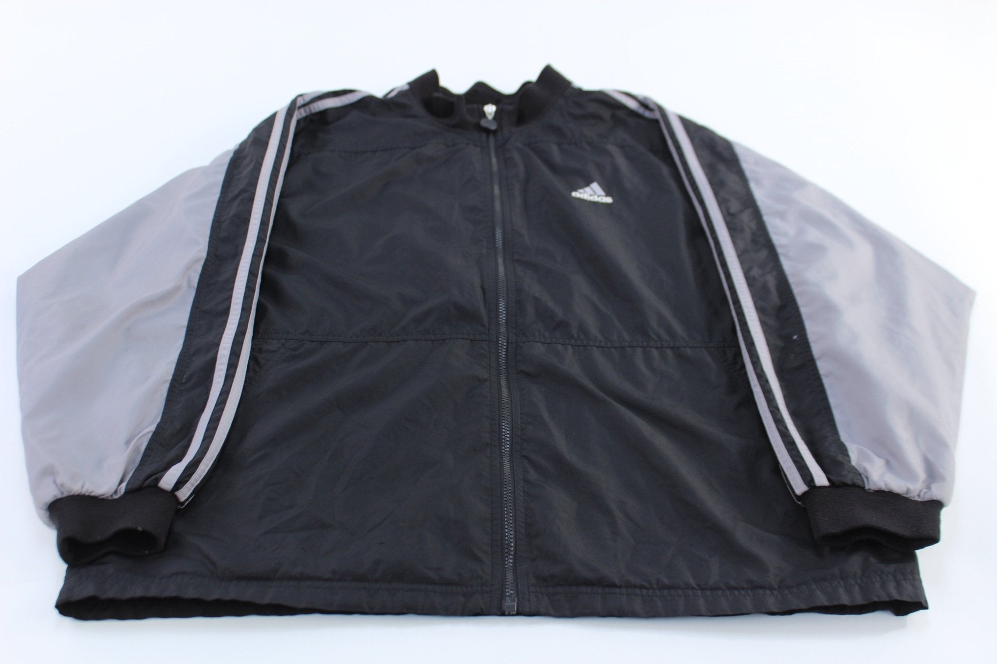 Adidas Embroidered Logo Grey & Black Striped Zip Up Jacket - ThriftedThreads.com
