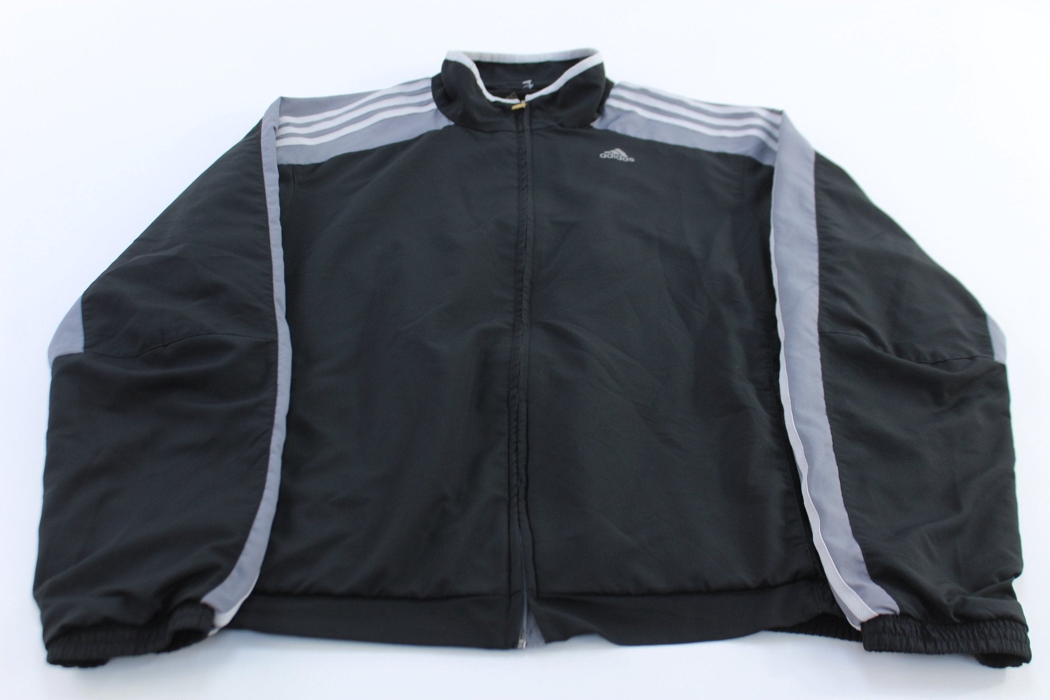 Adidas Embroidered Logo Grey & Black Striped Zip Up Jacket - ThriftedThreads.com