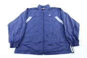 Adidas Embroidered Logo Navy Blue, Grey, & White Striped Zip Up Jacket - Jackets - Thrifted Threads