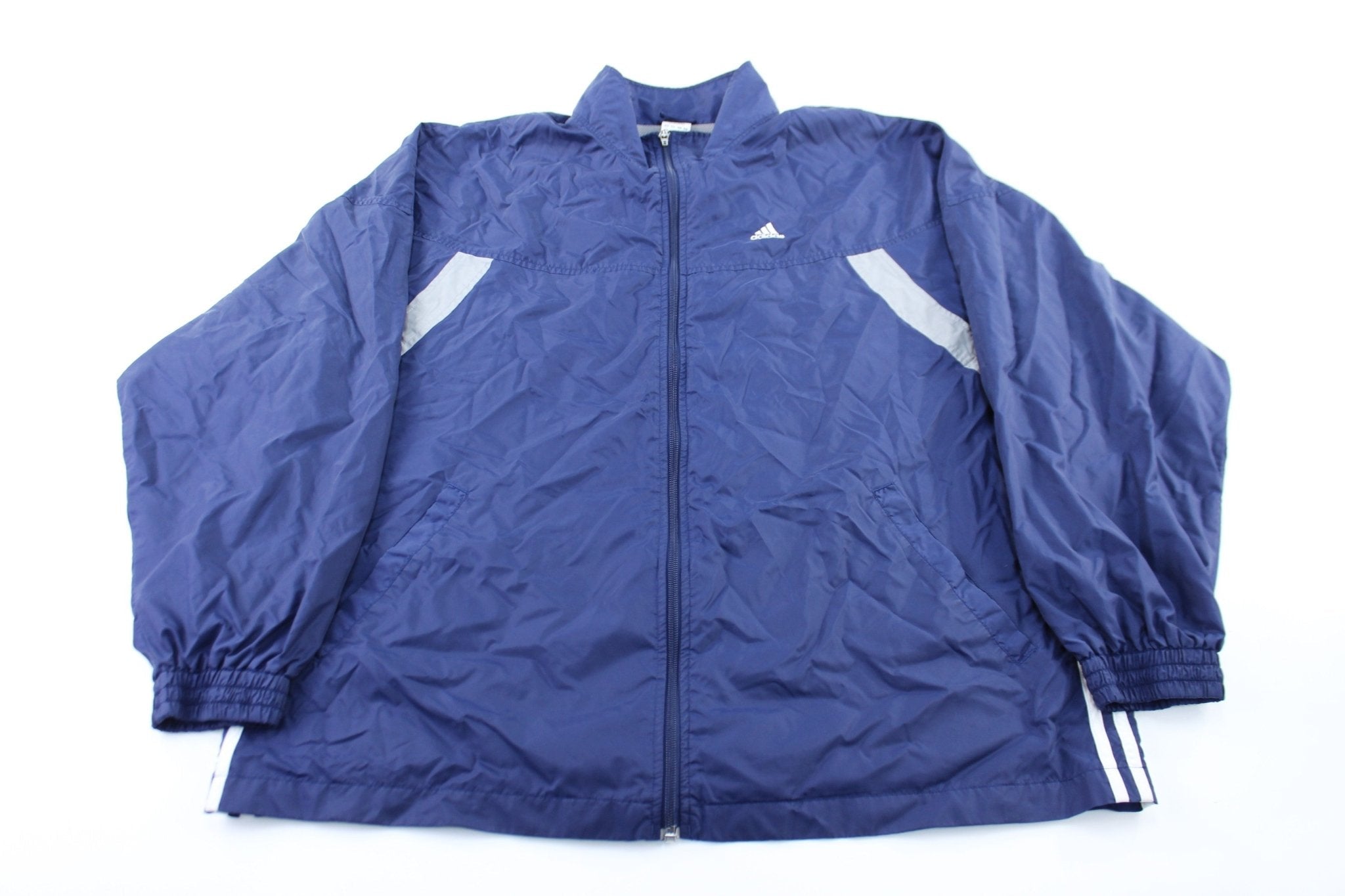 Adidas Embroidered Logo Navy Blue, Grey, & White Striped Zip Up Jacket - Jackets - Thrifted Threads