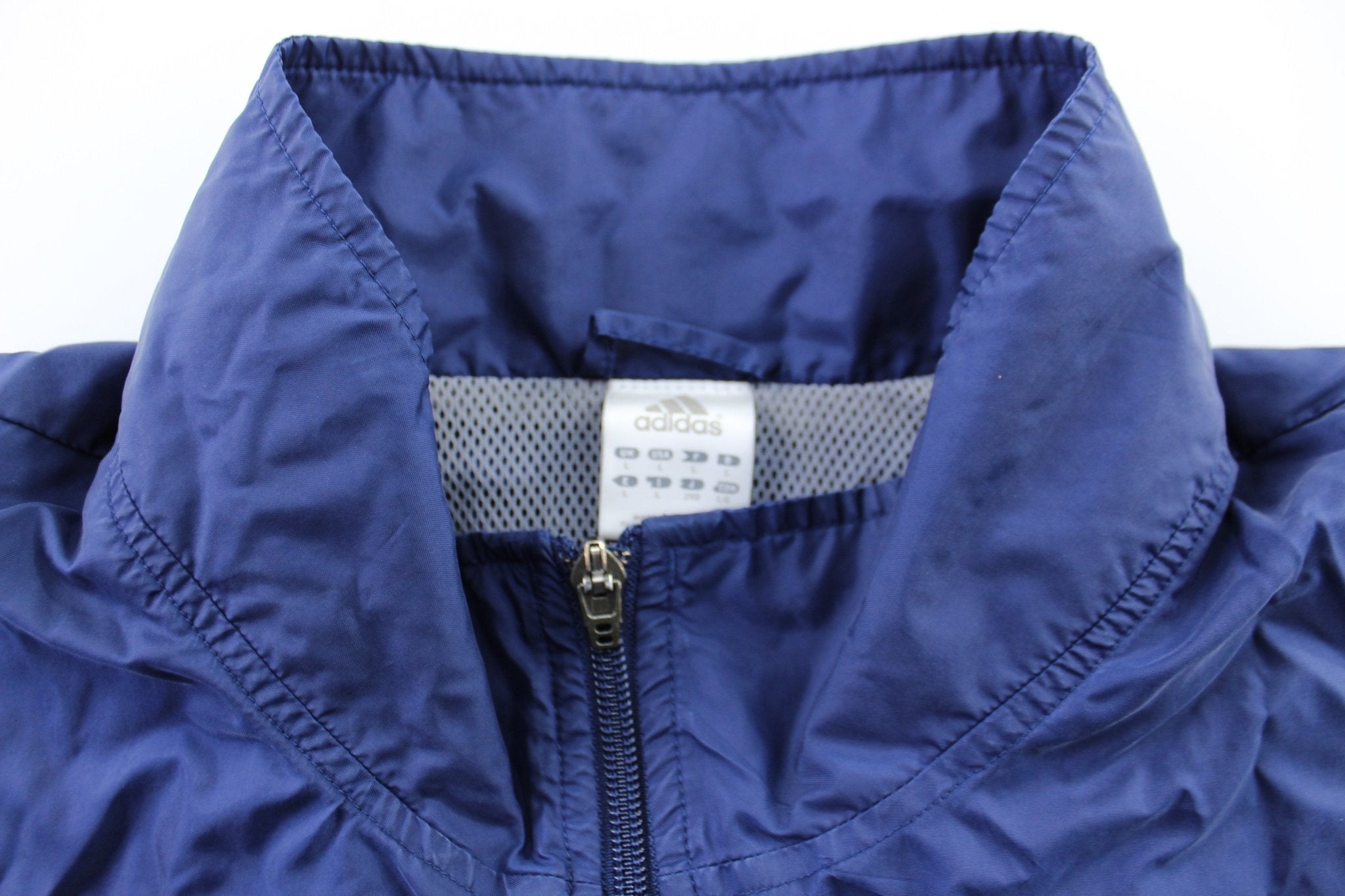 Adidas Embroidered Logo Navy Blue, Grey, & White Striped Zip Up Jacket - Jackets - Thrifted Threads