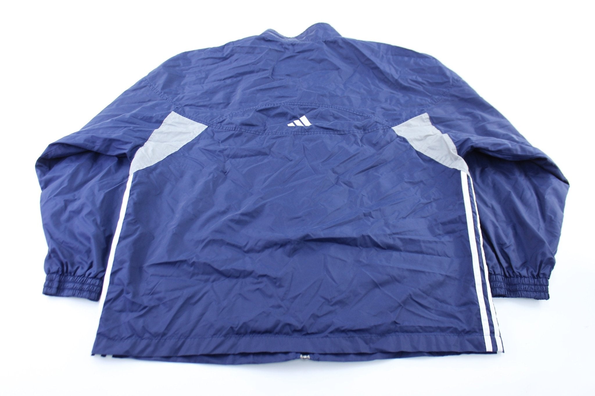 Adidas Embroidered Logo Navy Blue, Grey, & White Striped Zip Up Jacket - Jackets - Thrifted Threads