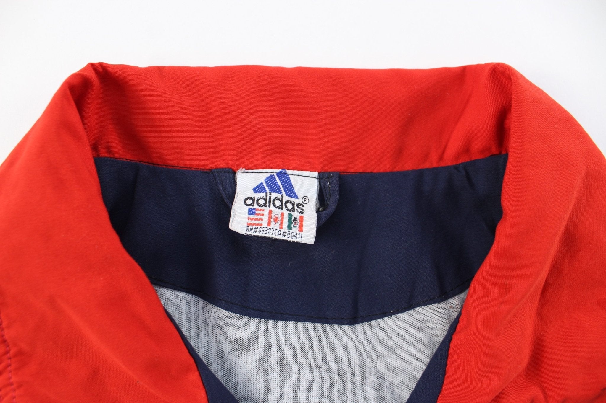 Adidas Embroidered Logo Navy Blue & Red Striped Zip Up Jacket - ThriftedThreads.com