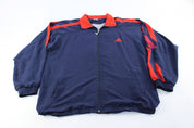 Adidas Embroidered Logo Navy Blue & Red Striped Zip Up Jacket - Jackets - Thrifted Threads