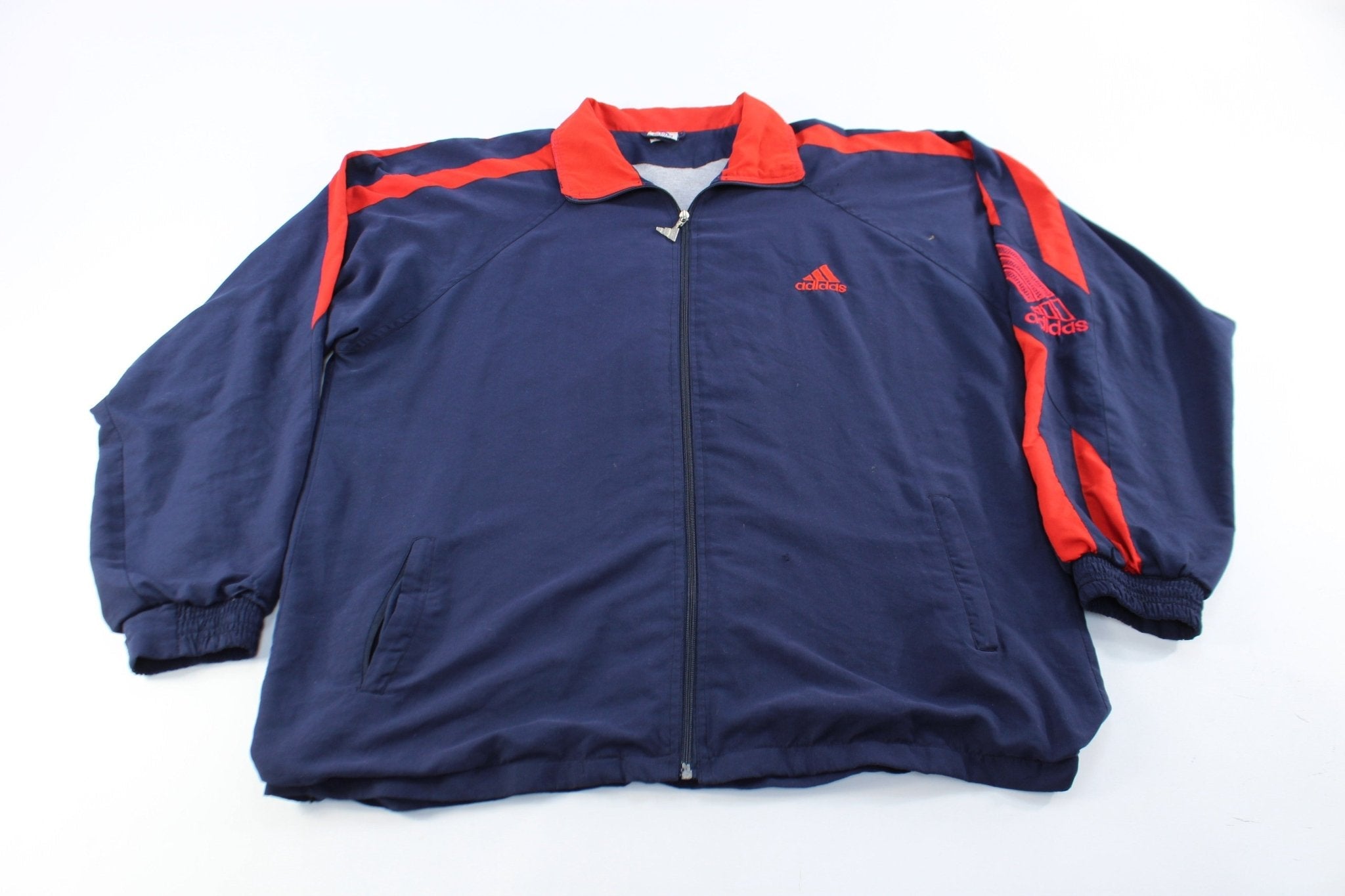 Adidas Embroidered Logo Navy Blue & Red Striped Zip Up Jacket - Jackets - Thrifted Threads