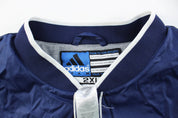 Adidas Embroidered Logo Navy Blue & White Striped Pullover Jacket - ThriftedThreads.com