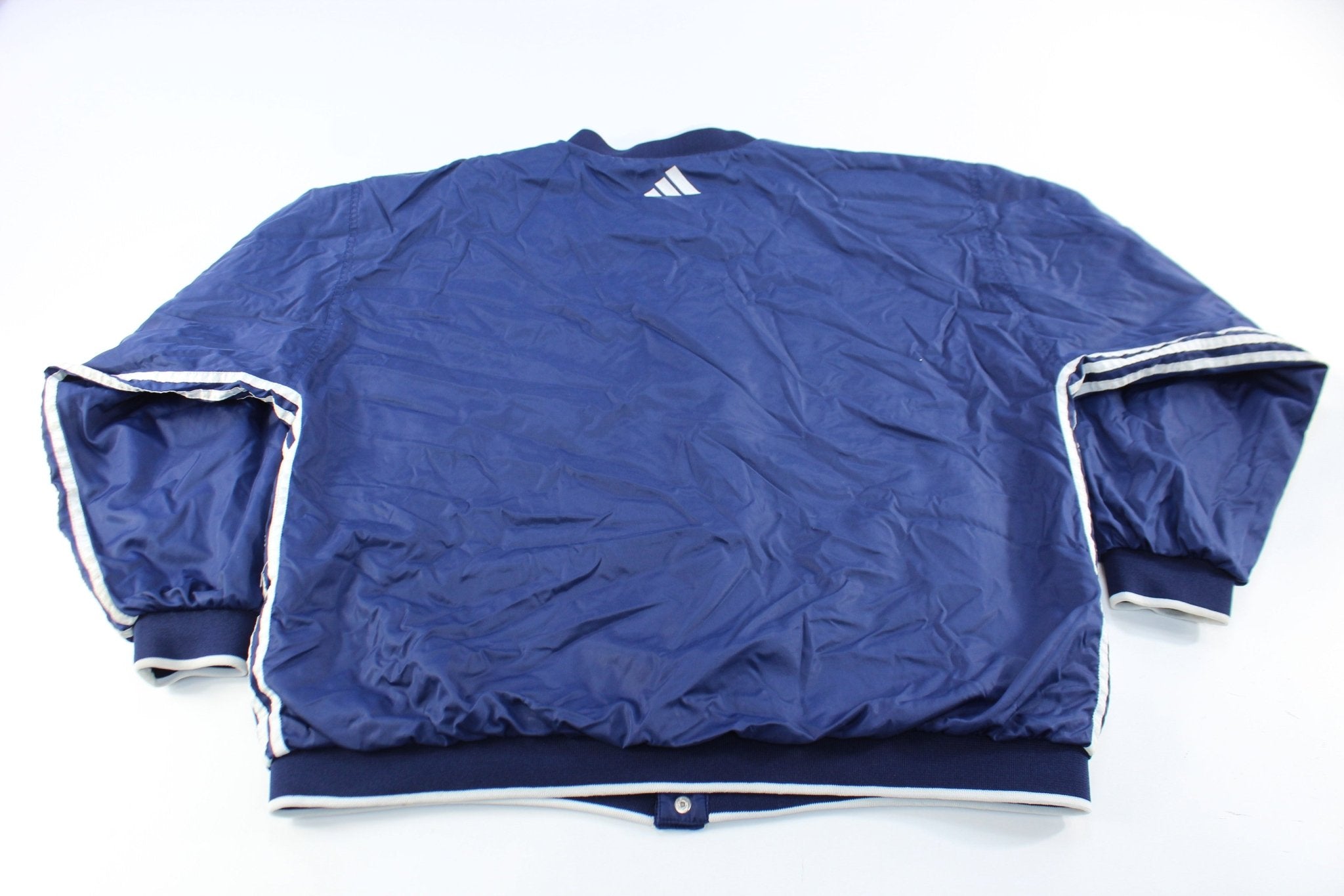 Adidas Embroidered Logo Navy Blue & White Striped Pullover Jacket - ThriftedThreads.com