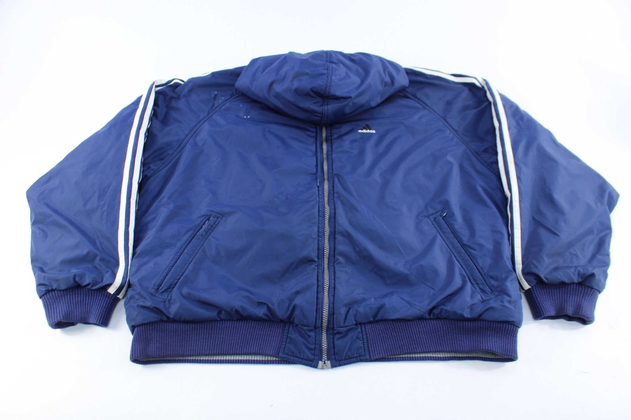 Adidas Embroidered Logo Navy Blue & White Striped Reversible Zip Up Jacket - ThriftedThreads.com