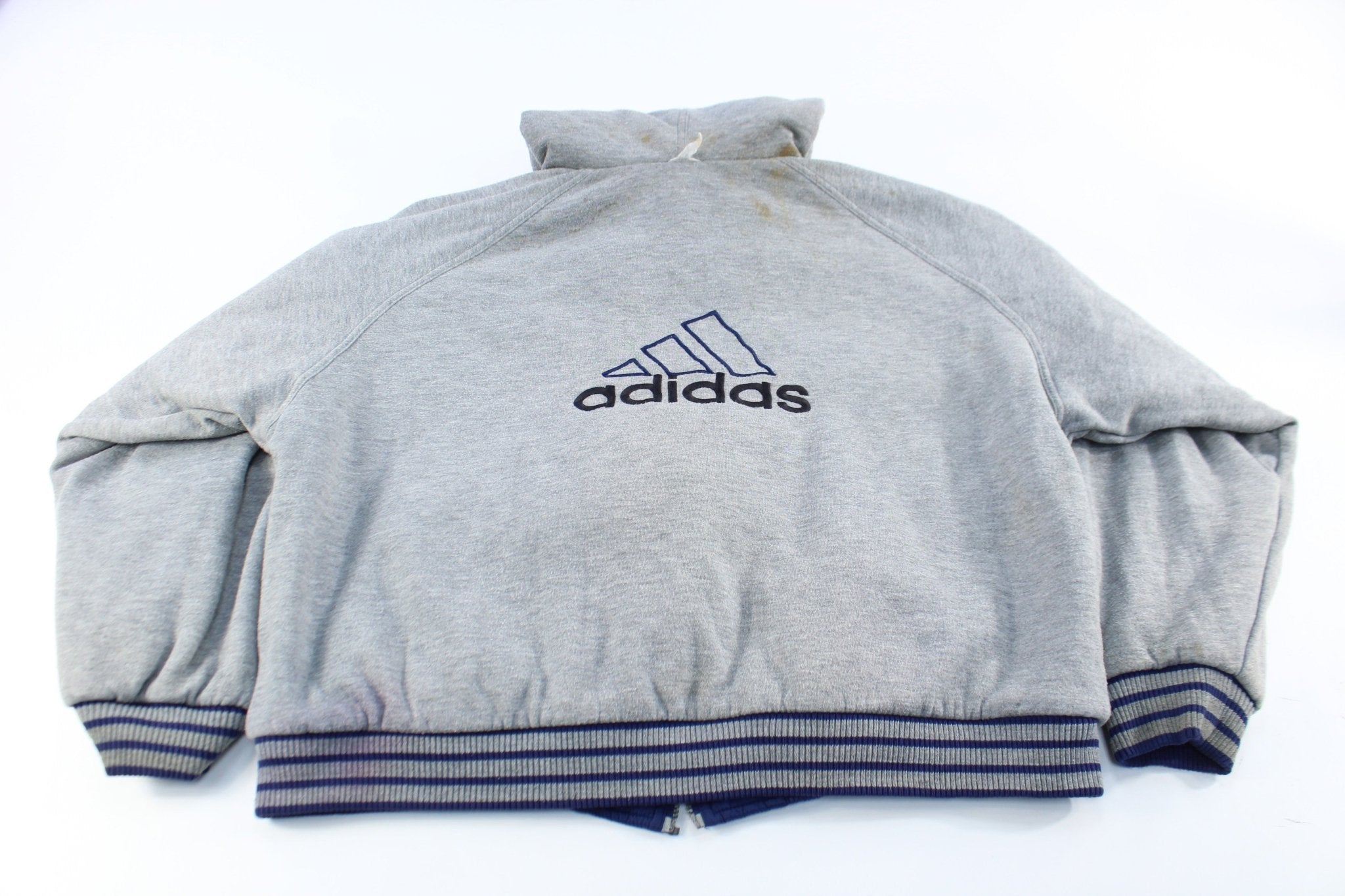 Adidas Embroidered Logo Navy Blue & White Striped Reversible Zip Up Jacket - ThriftedThreads.com