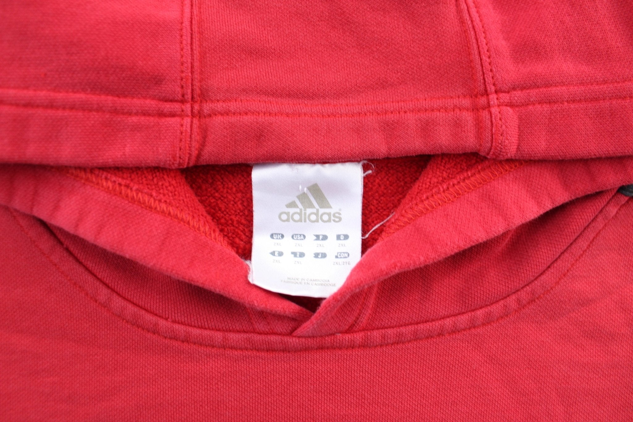 Adidas Embroidered Logo Red & Black Striped Pullover Hoodie - ThriftedThreads.com