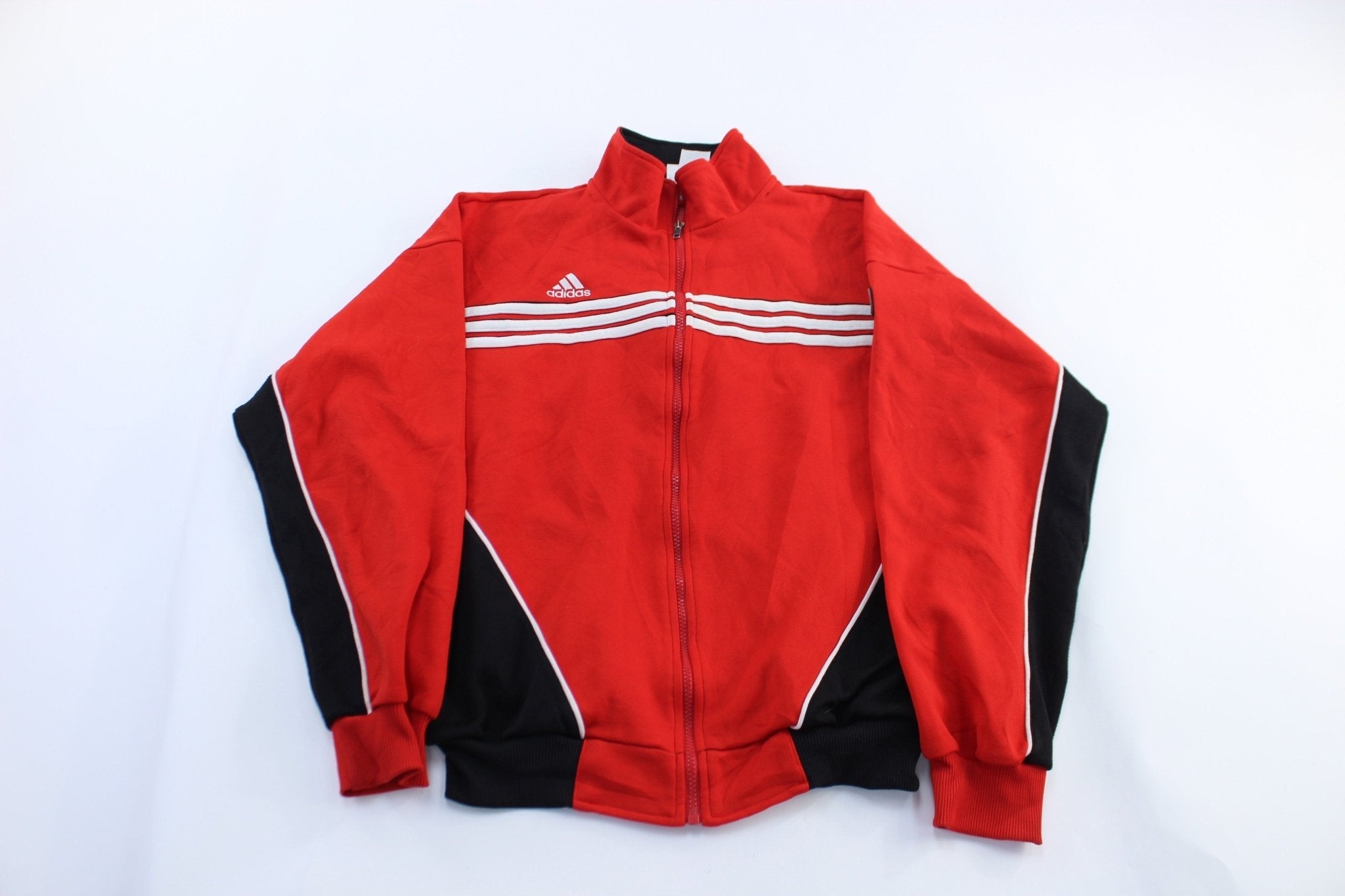Adidas Embroidered Logo Red, Black, & White Striped Jacket - Jacket - Thrifted Threads