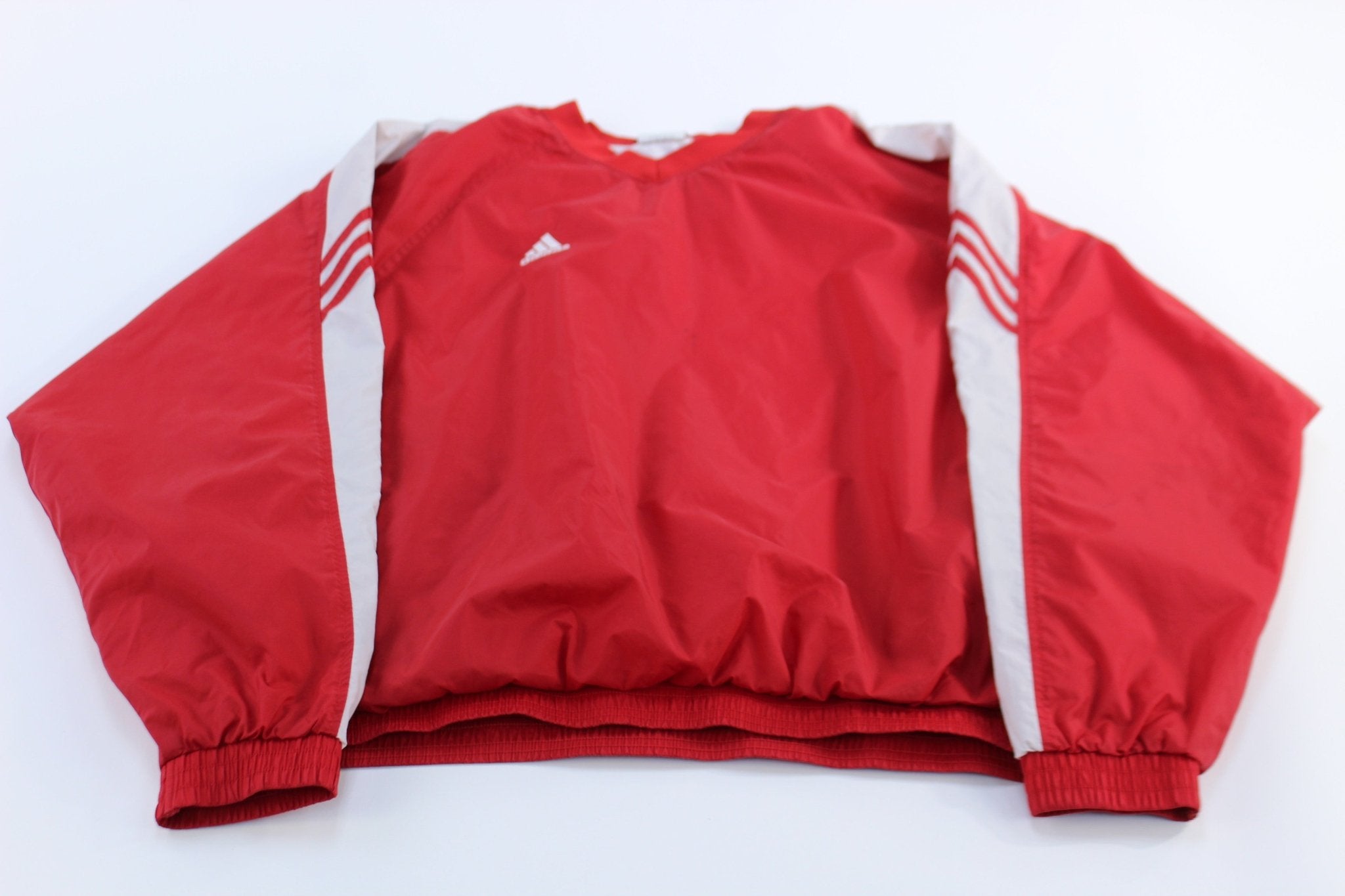 Adidas Embroidered Logo Red & White Striped Windbreaker Pullover - ThriftedThreads.com