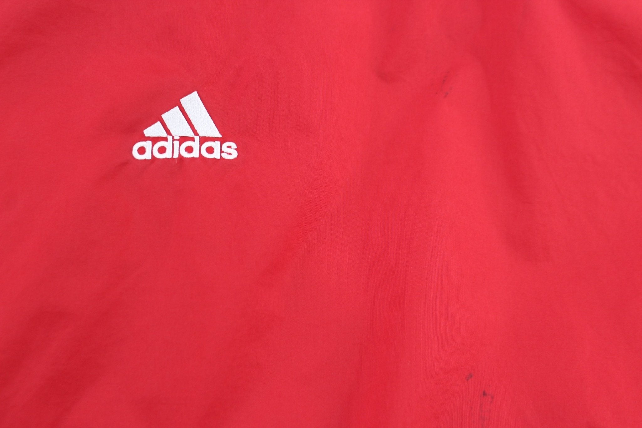 Adidas Embroidered Logo Red & White Striped Windbreaker Pullover - ThriftedThreads.com