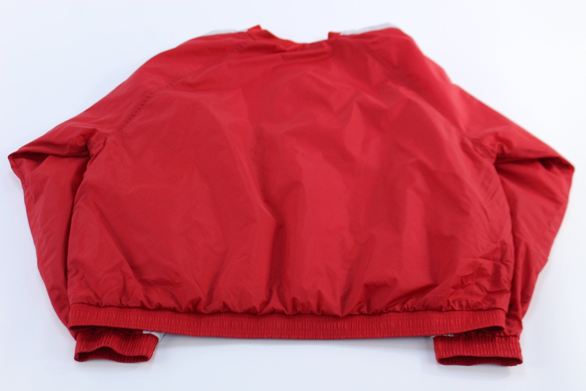 Adidas Embroidered Logo Red & White Striped Windbreaker Pullover - ThriftedThreads.com