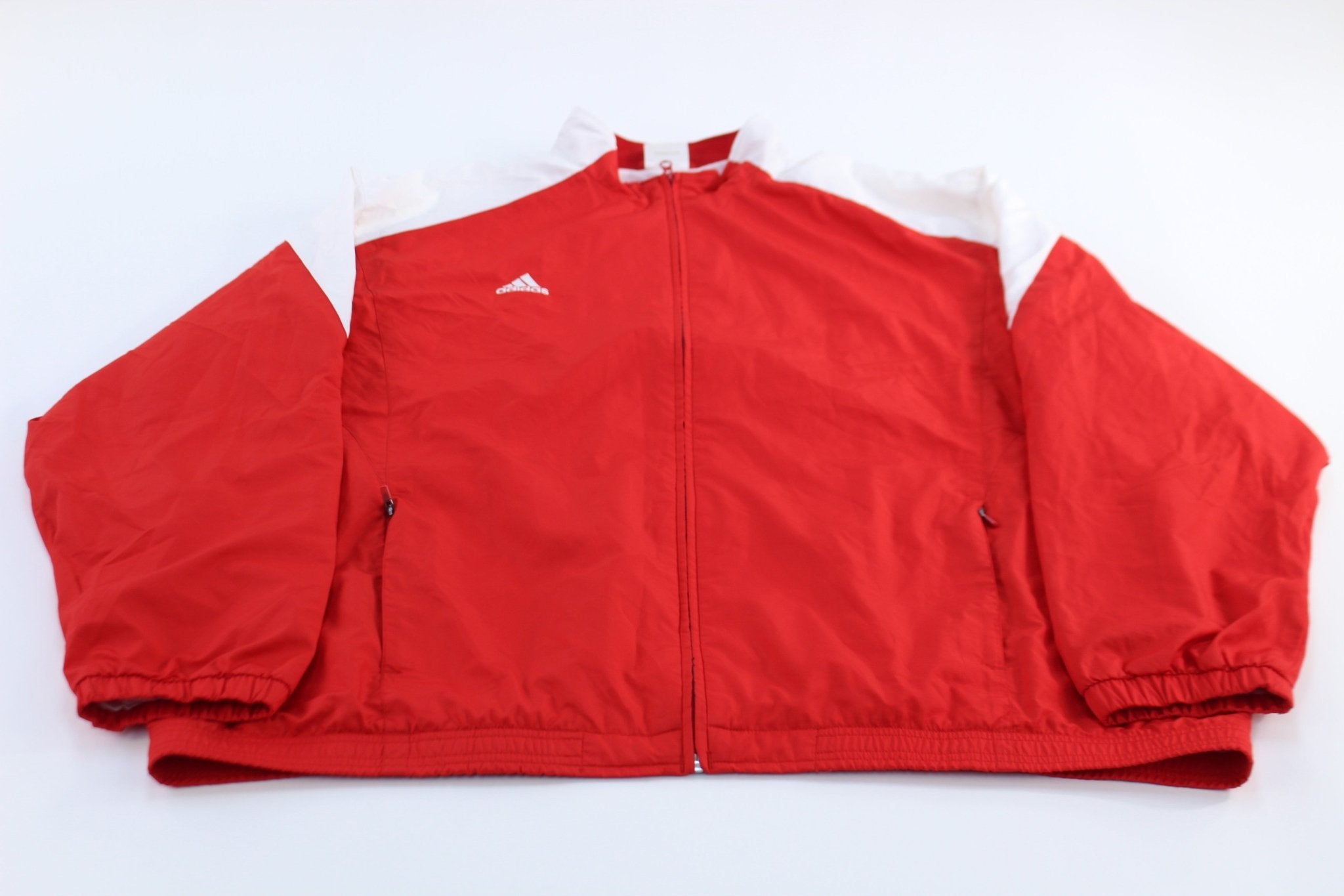 Adidas Embroidered Logo Red & White Striped Zip Up Jacket - ThriftedThreads.com