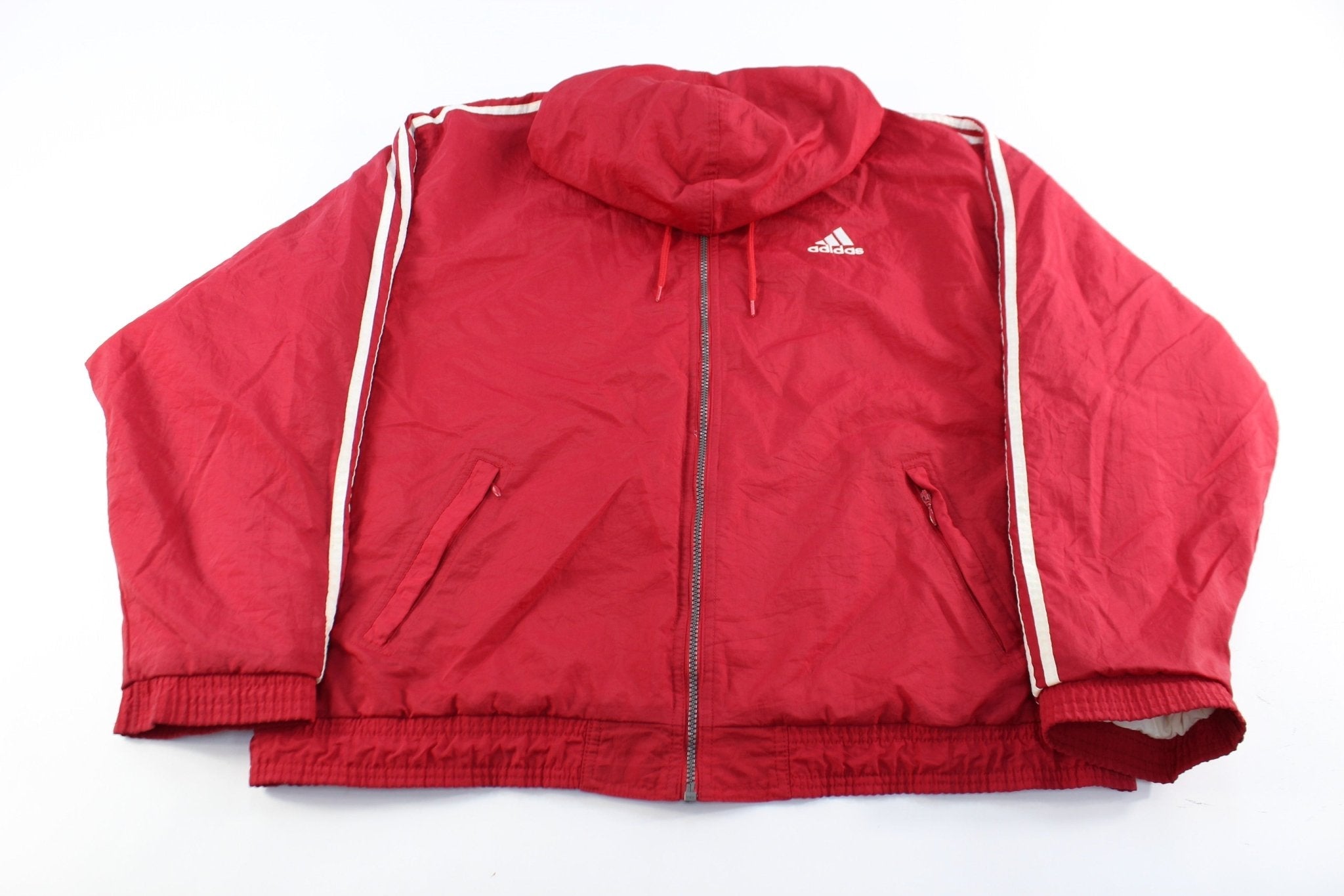 Adidas Embroidered Logo Red & White Striped Zip Up Jacket - Jackets - Thrifted Threads