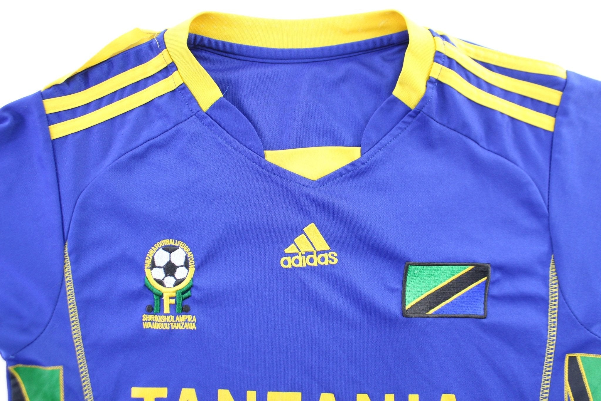 Adidas Embroidered Logo Tanzania Striped Soccer Jersey - ThriftedThreads.com