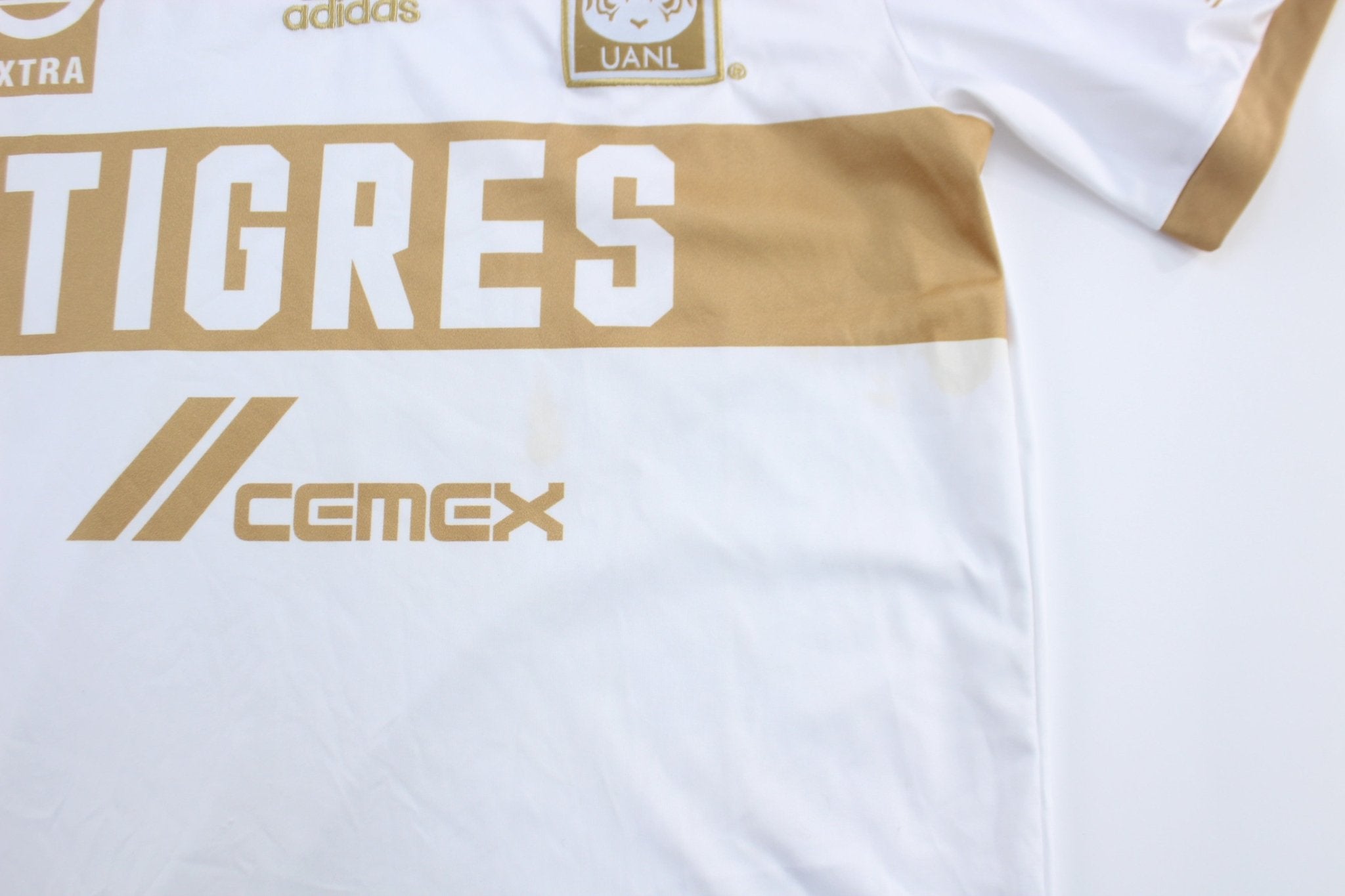Adidas Embroidered Logo Tigres UANL Gold & White Striped Soccer Jersey - ThriftedThreads.com