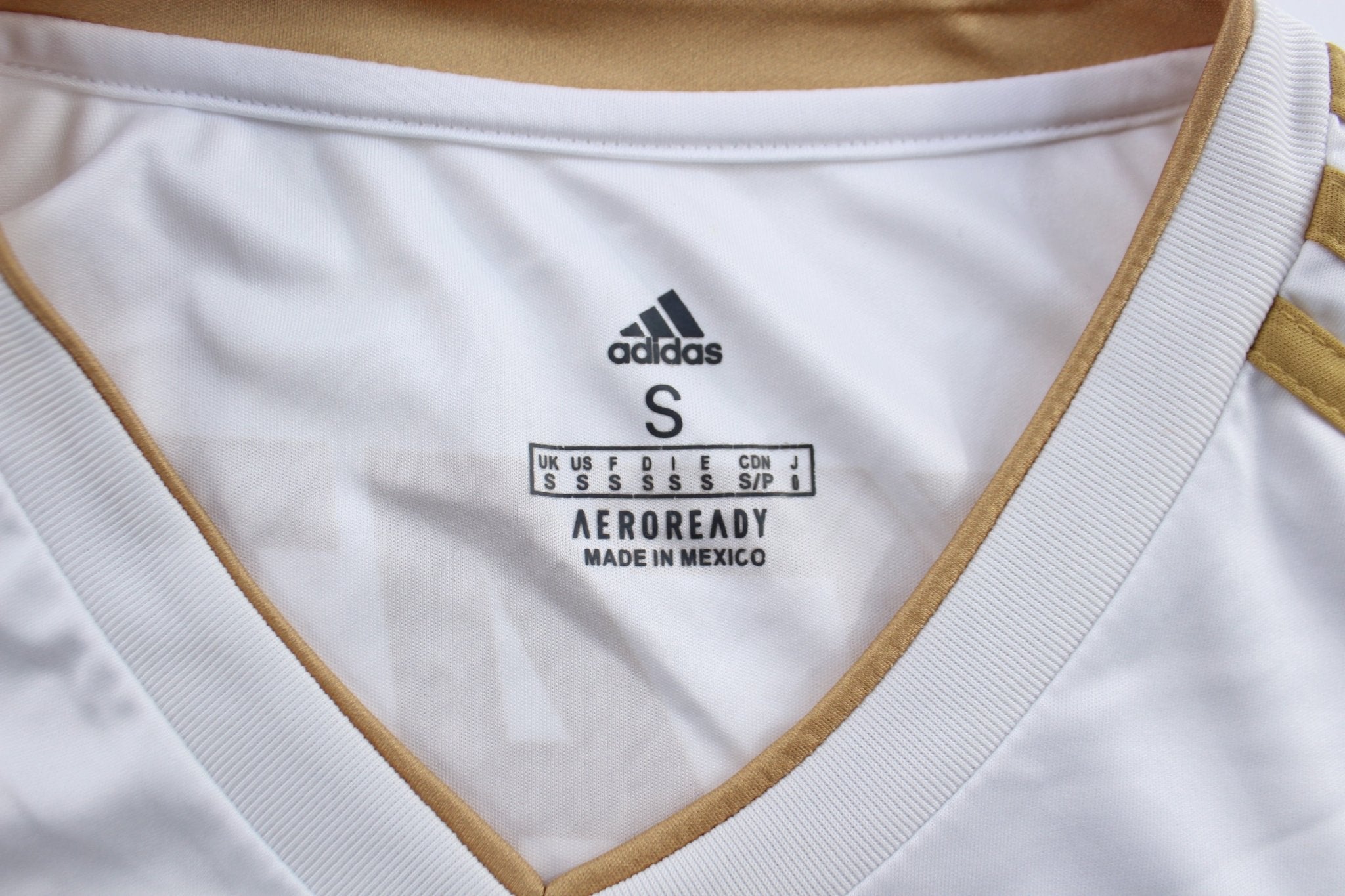 Adidas Embroidered Logo Tigres UANL Gold & White Striped Soccer Jersey - ThriftedThreads.com