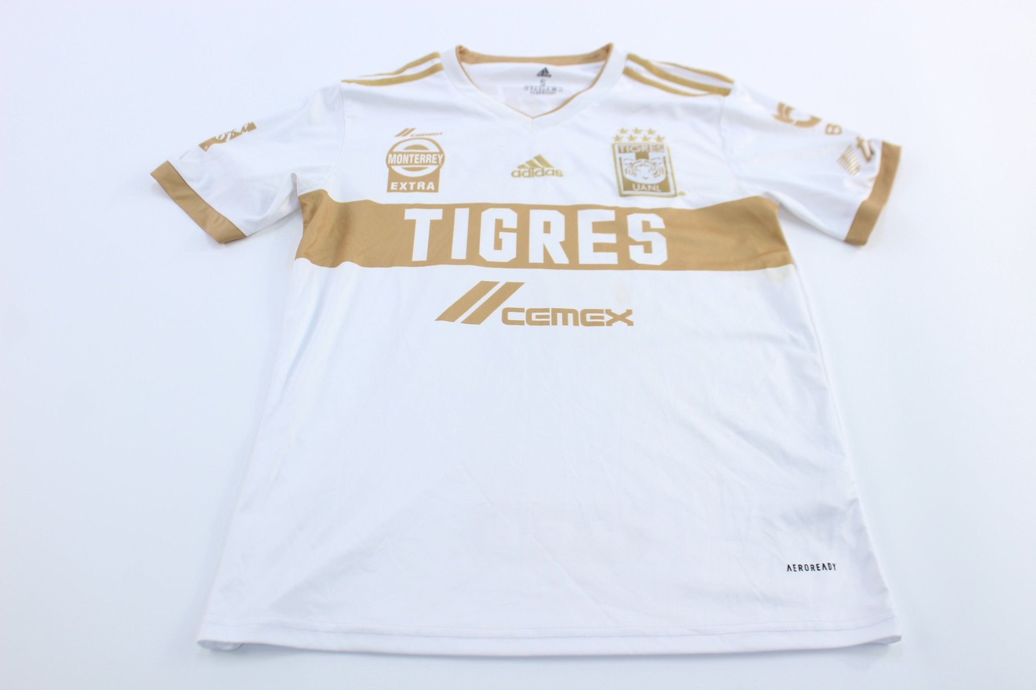 Adidas Embroidered Logo Tigres UANL Gold & White Striped Soccer Jersey - ThriftedThreads.com