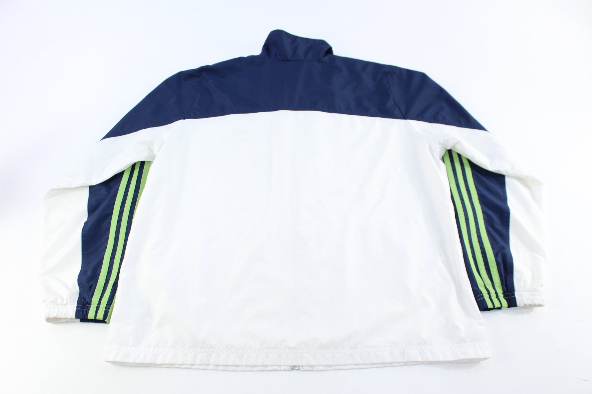 Adidas Embroidered Logo White, Navy Blue, & Green Striped Jacket - ThriftedThreads.com