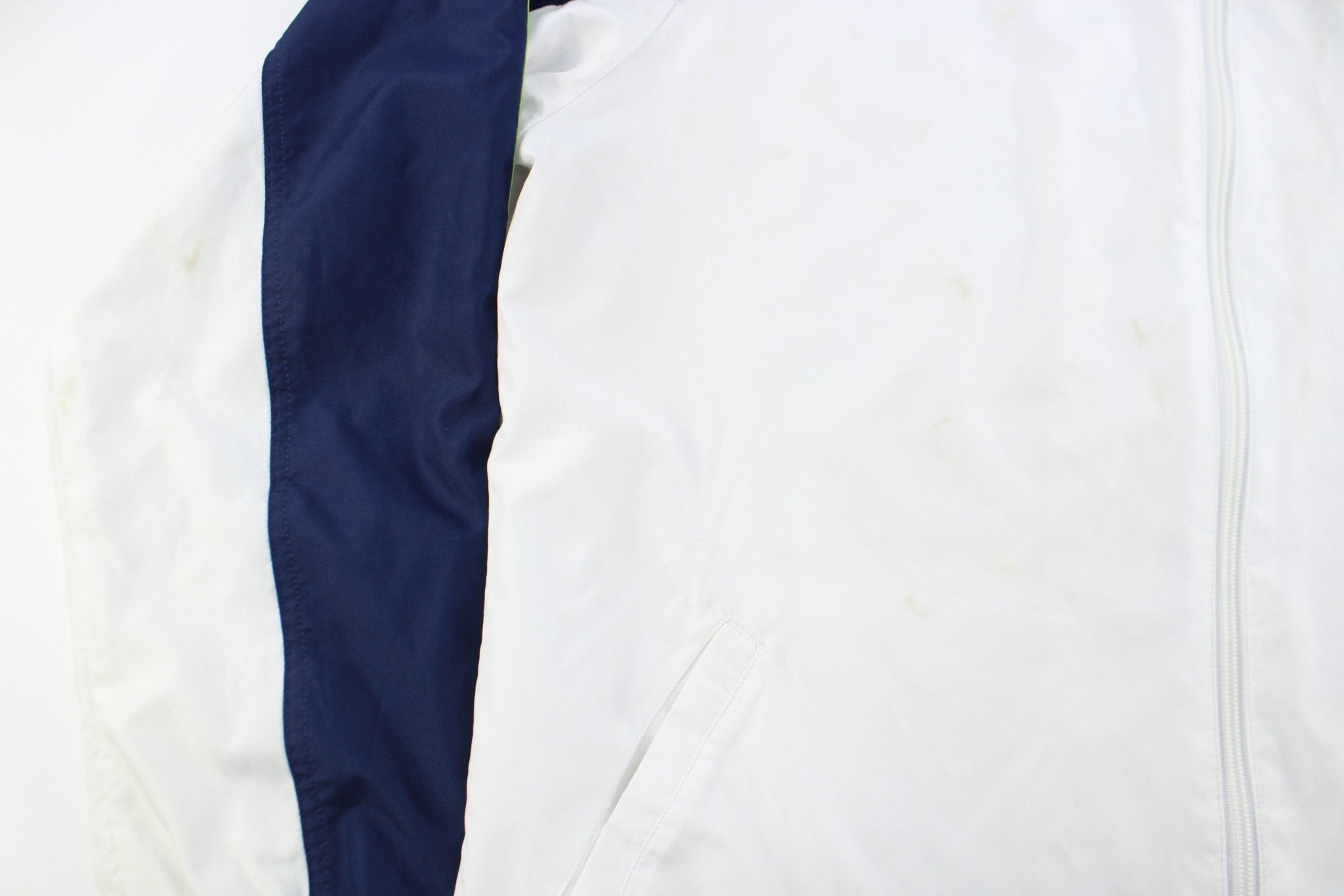 Adidas Embroidered Logo White, Navy Blue, & Green Striped Jacket - ThriftedThreads.com