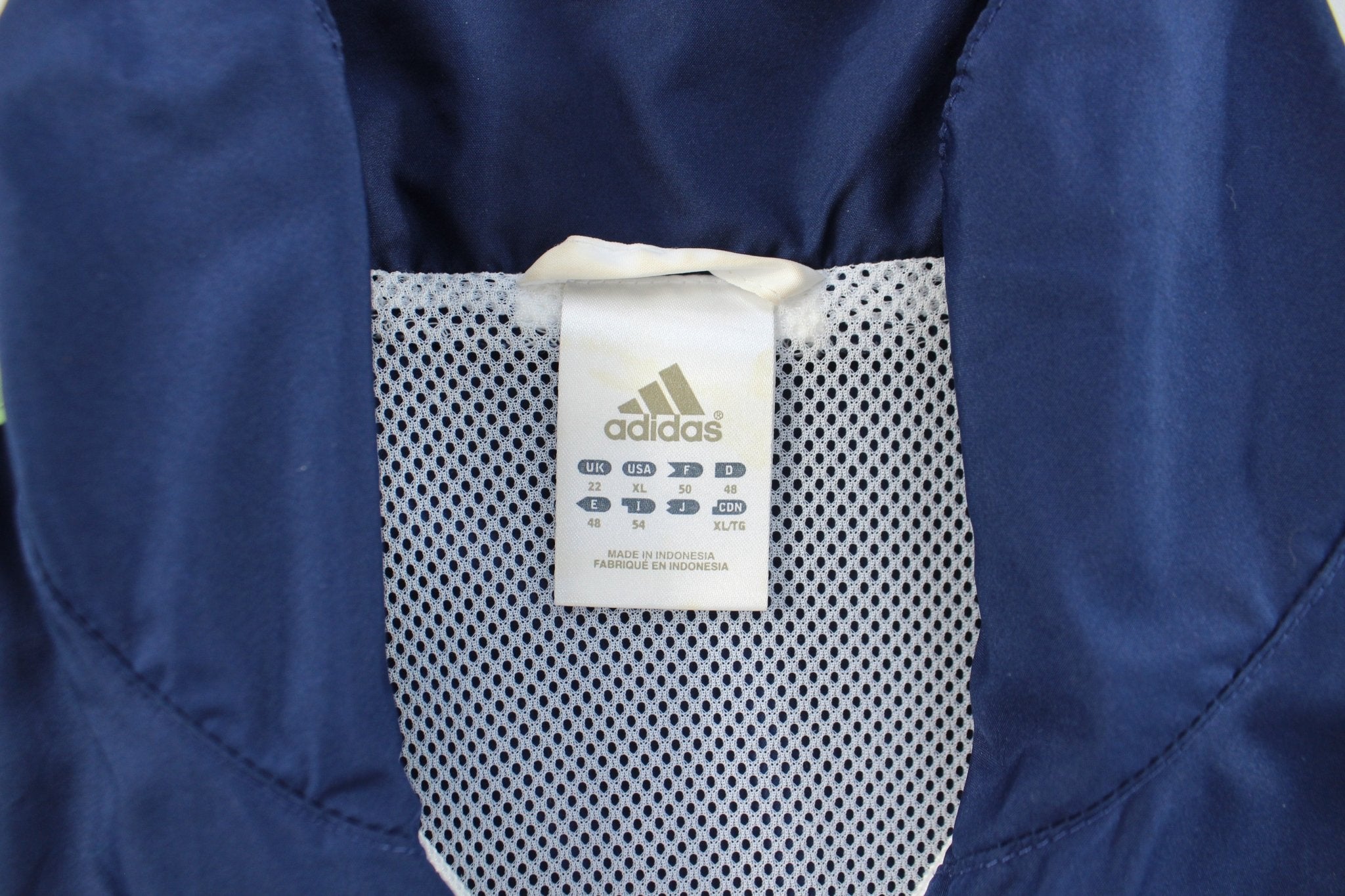 Adidas Embroidered Logo White, Navy Blue, & Green Striped Jacket - ThriftedThreads.com