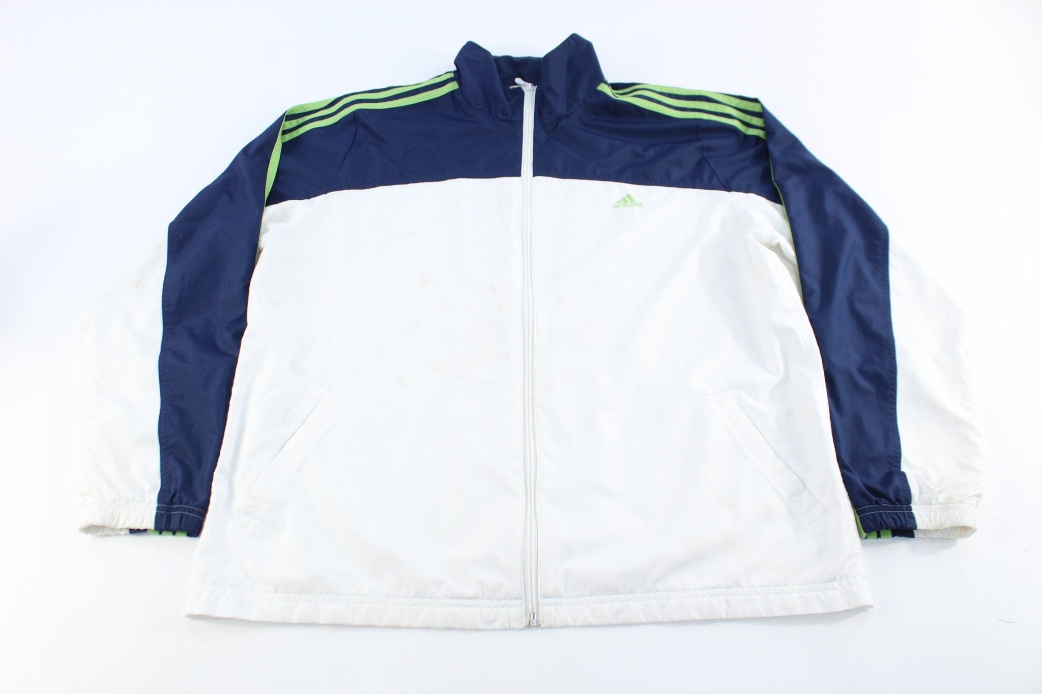 Adidas Embroidered Logo White, Navy Blue, & Green Striped Jacket - Jackets - Thrifted Threads