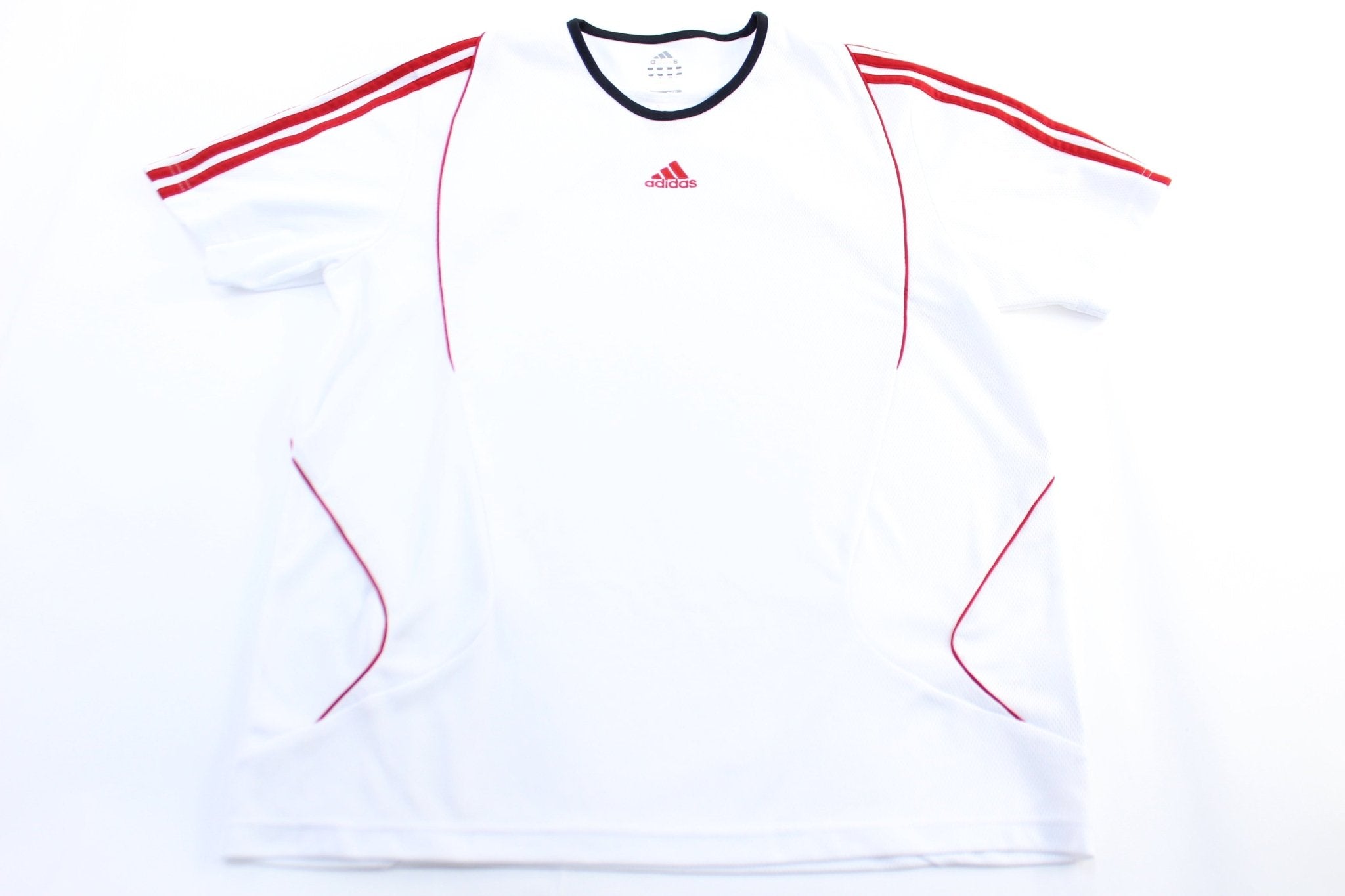 Adidas Embroidered Logo White & Red Striped Soccer Jersey - ThriftedThreads.com