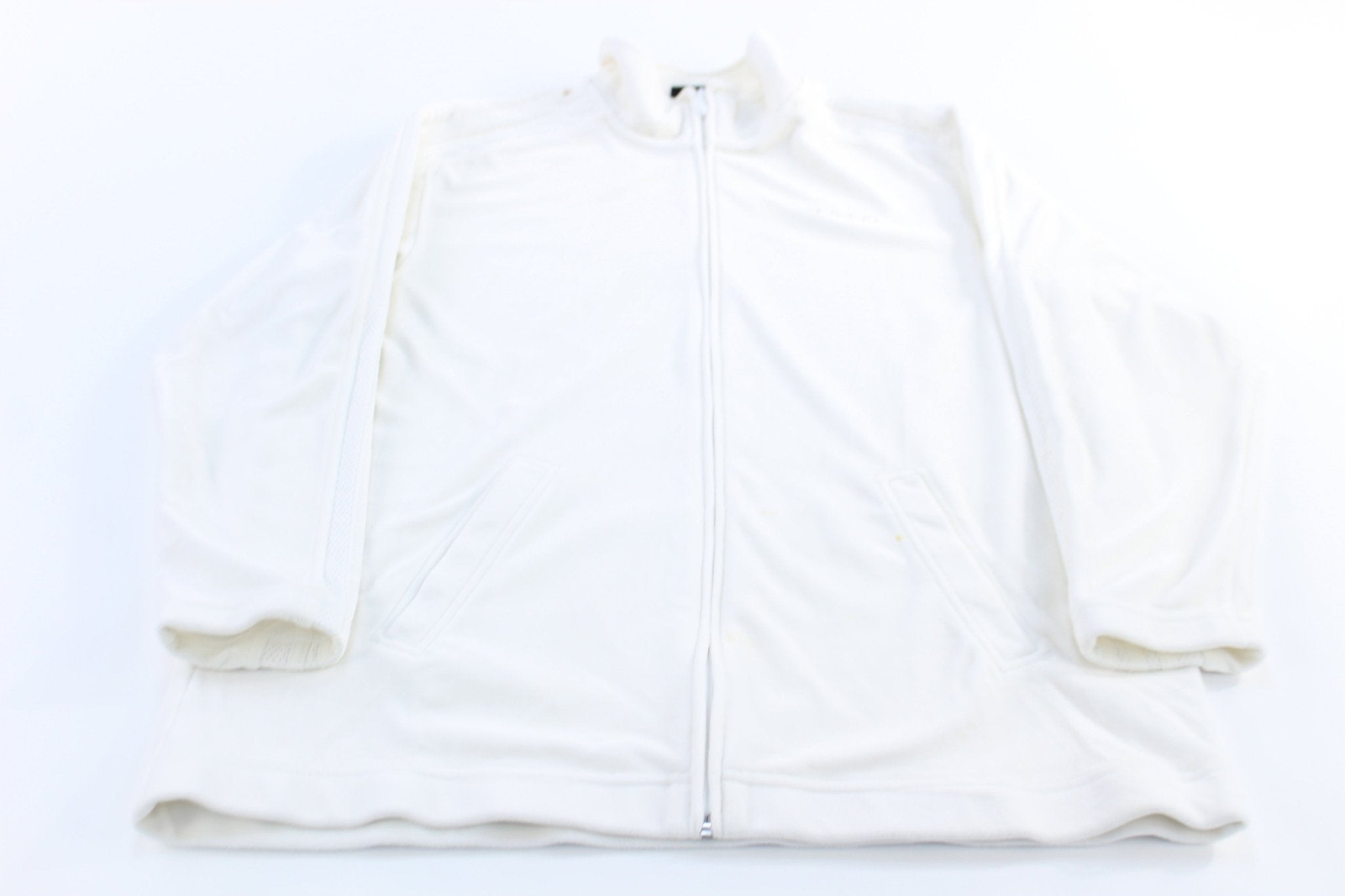 Adidas Embroidered Logo White Striped Full Zip Jacket - ThriftedThreads.com