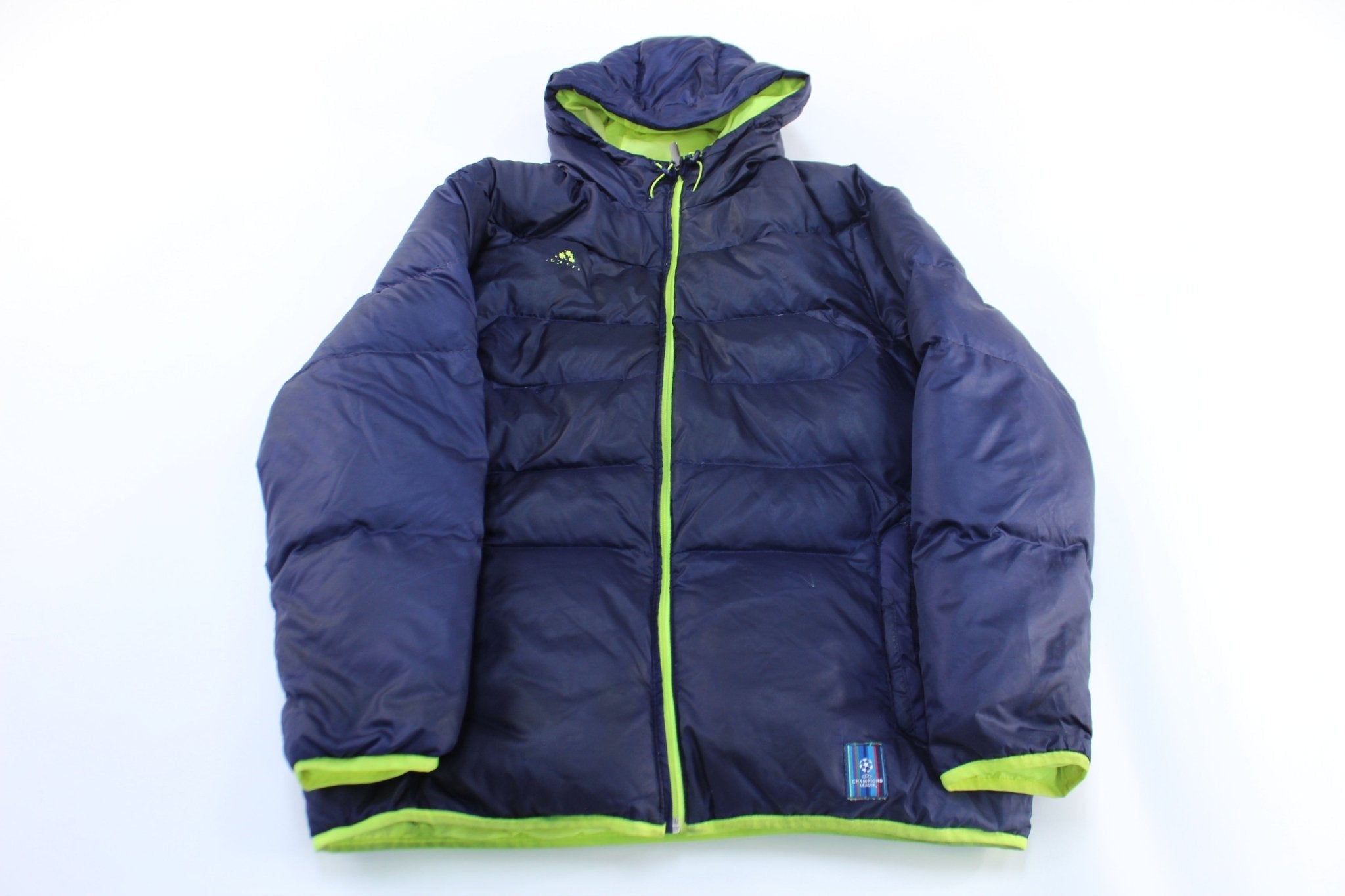Adidas Logo Navy Blue & Neon UEFA Soccer Puffer Jacket - Jacket - Thrifted Threads