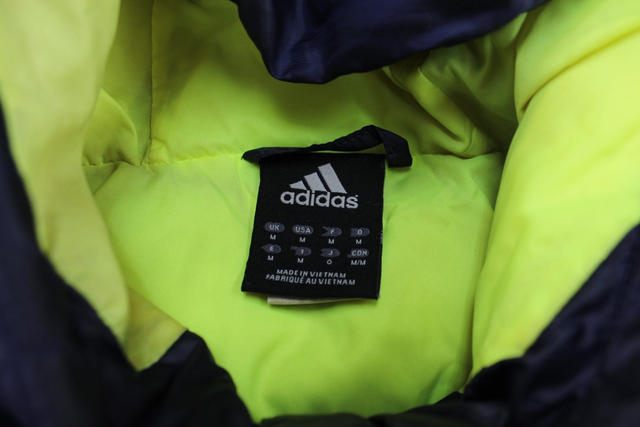 Adidas Logo Navy Blue & Neon UEFA Soccer Puffer Jacket - Jacket - Thrifted Threads