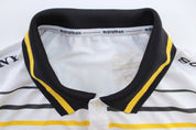 Barcelona Logo White, Black, & Yellow Striped Soccer JERSEY - ThriftedThreads.com