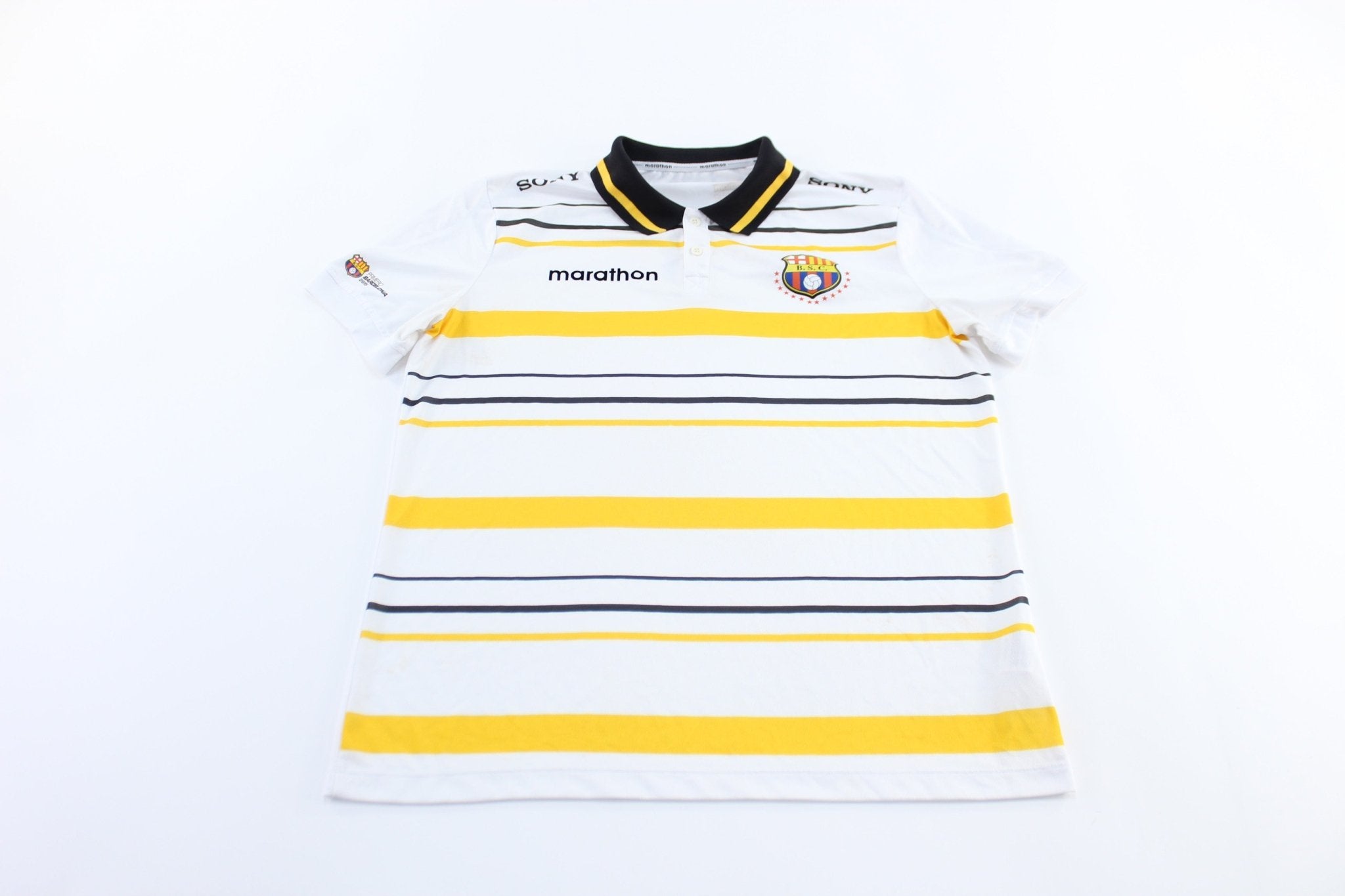 Barcelona Logo White, Black, & Yellow Striped Soccer JERSEY - ThriftedThreads.com
