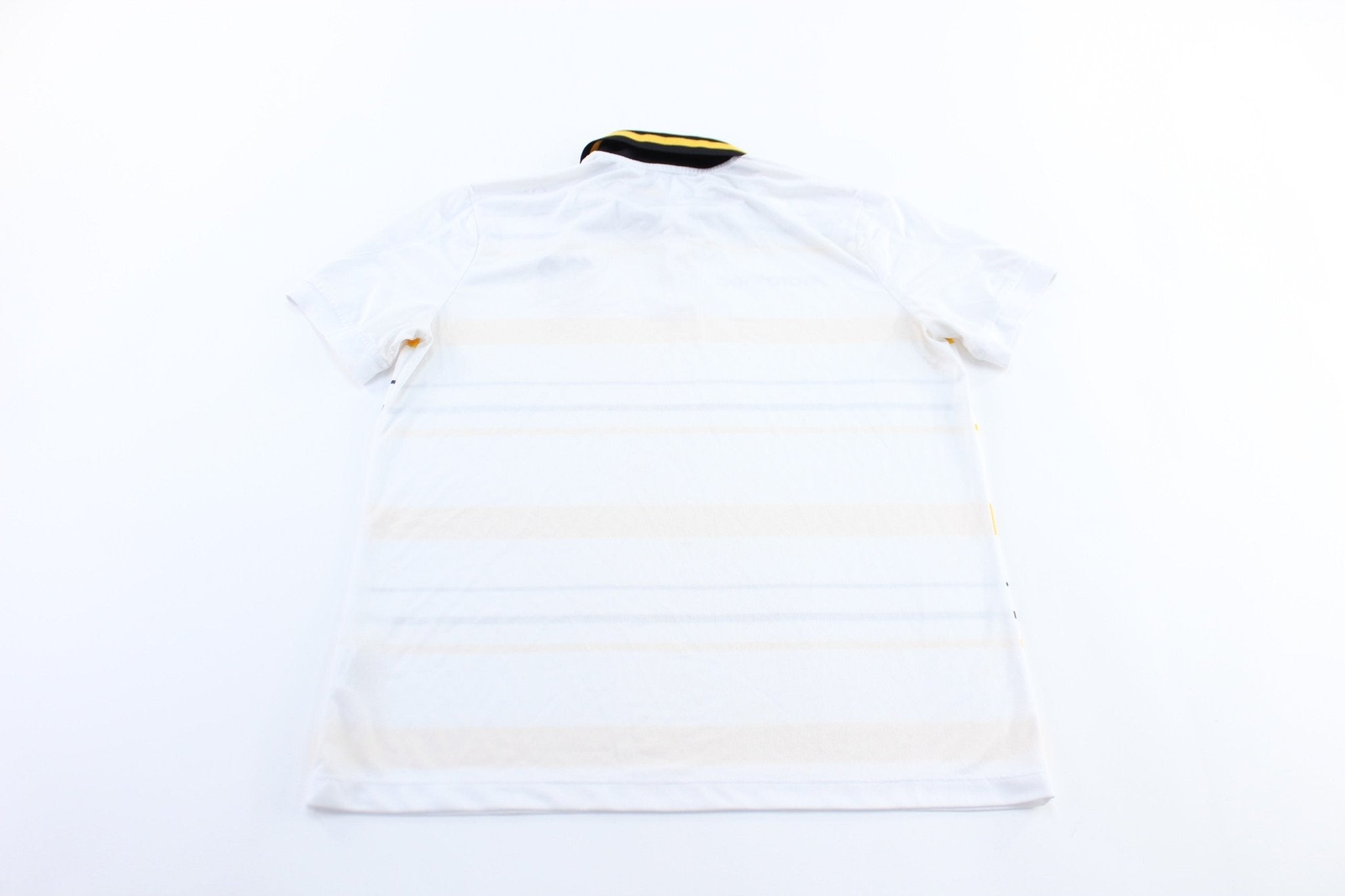 Barcelona Logo White, Black, & Yellow Striped Soccer JERSEY - ThriftedThreads.com
